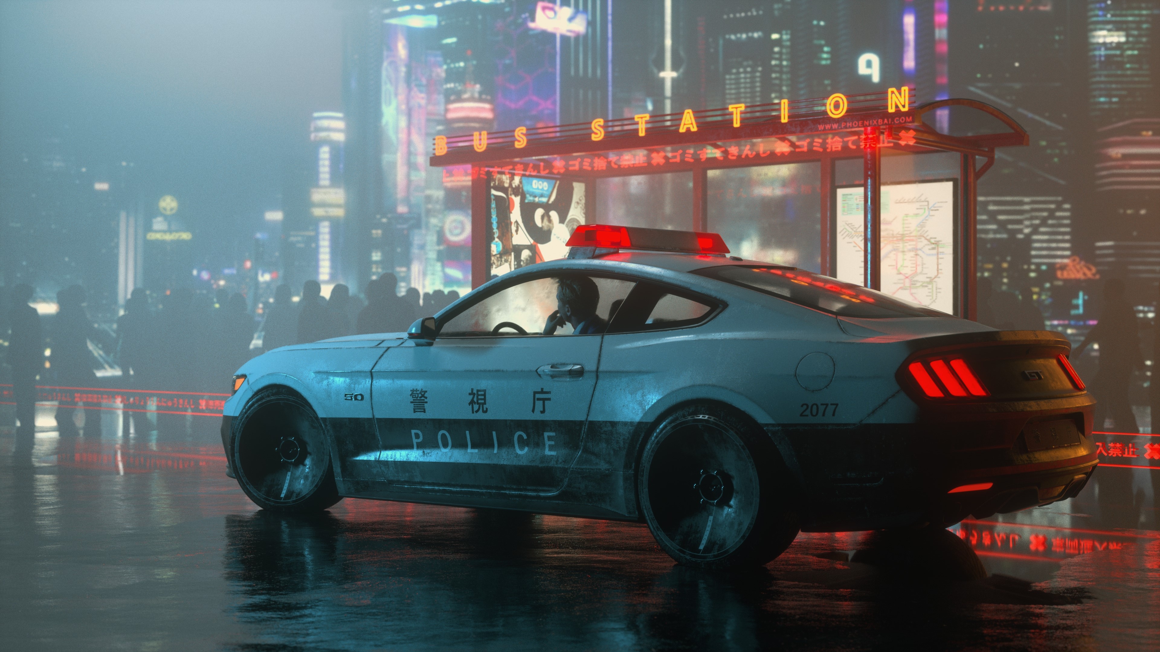 Ford Mustang GT police cruiser, Cyberpunk bus station shelter, Neon-lit wet street, 4K Desktop wallpaper