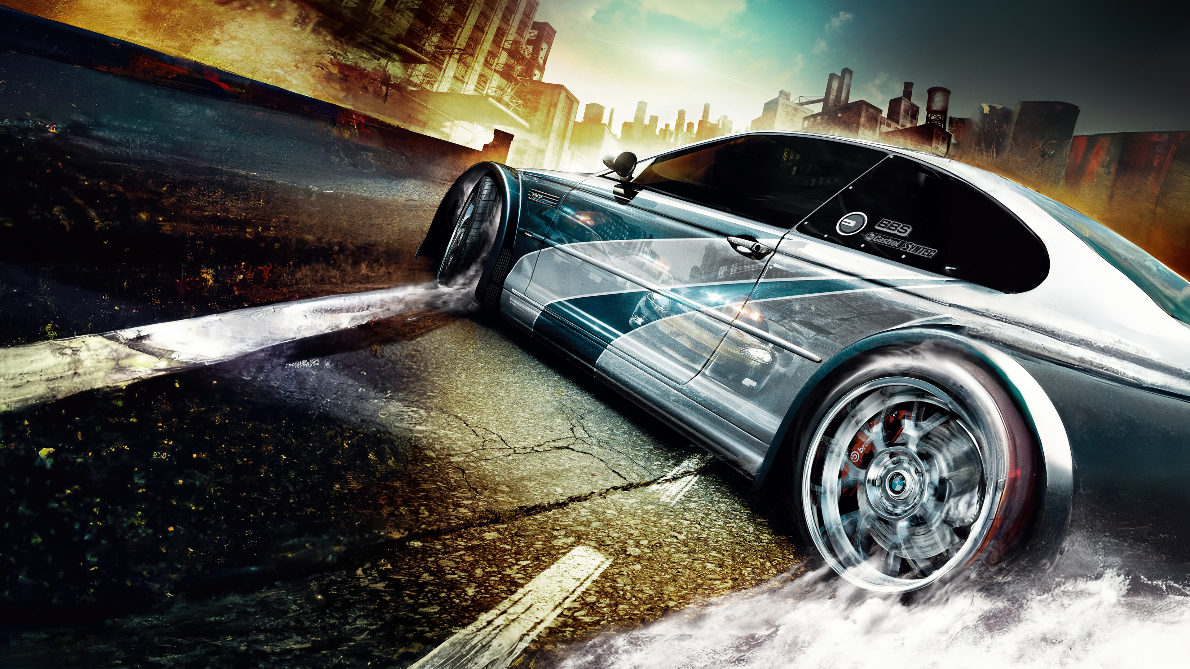 BMW M3 GTR E46, police car reflection, drifting tire smoke, 4K Desktop wallpaper