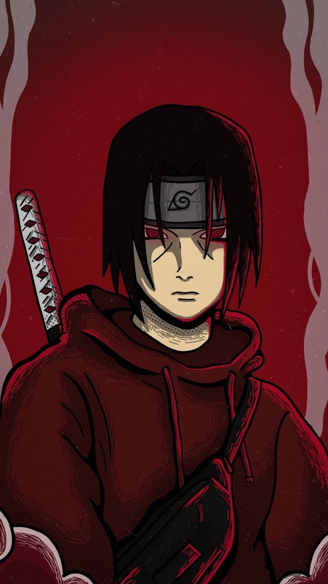 Itachi Uchiha, red streetwear hoodie, katana sword, Full HD Phone wallpaper