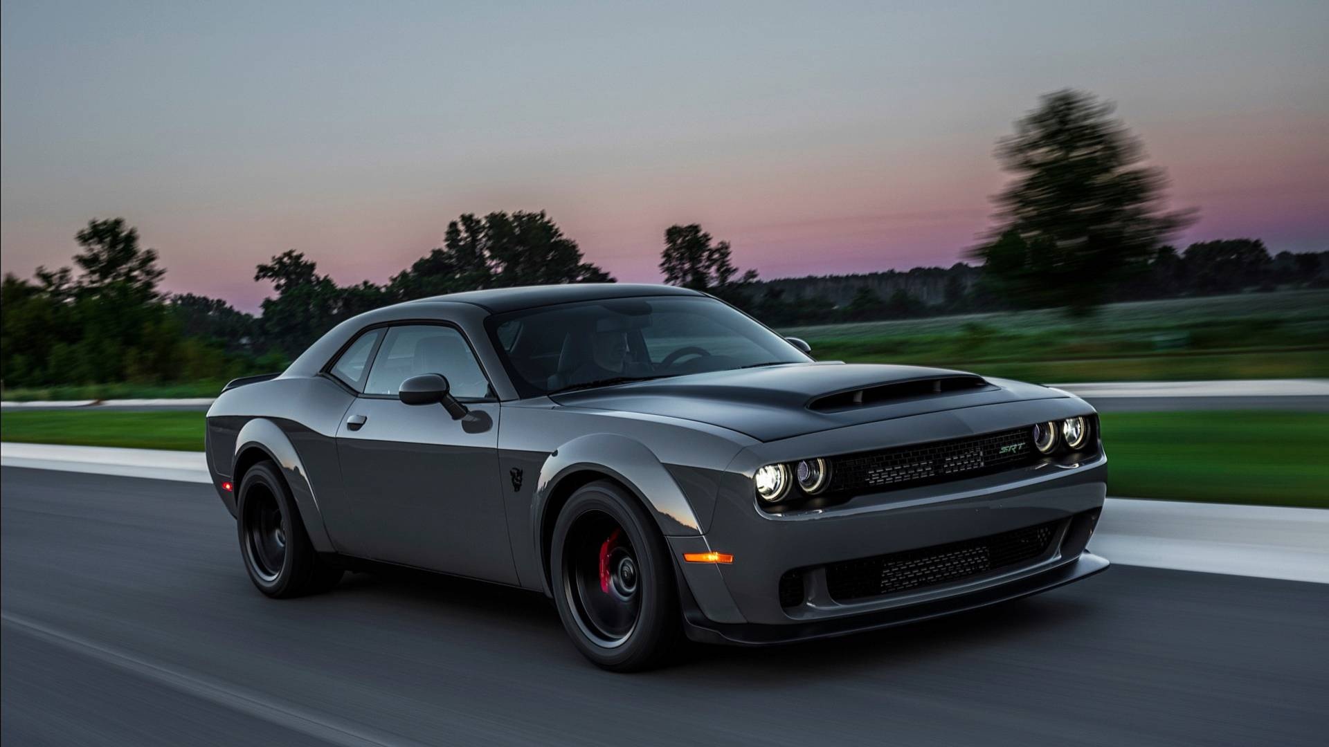 Dodge Challenger SRT Demon, Destroyer Grey paint, paved asphalt racetrack, Full HD Desktop wallpaper
