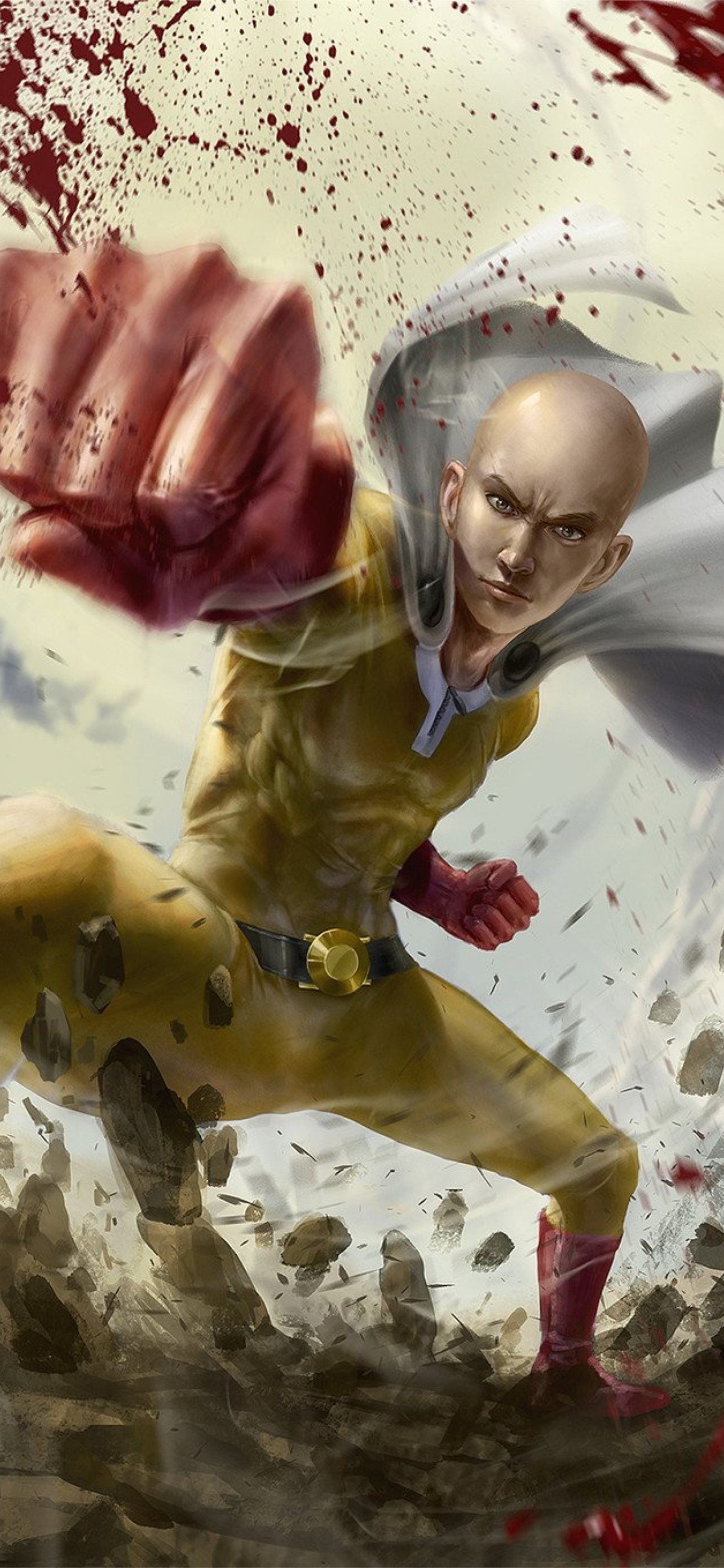 Saitama, One-Punch Man, Flying debris and blood splatter, HD Phone wallpaper