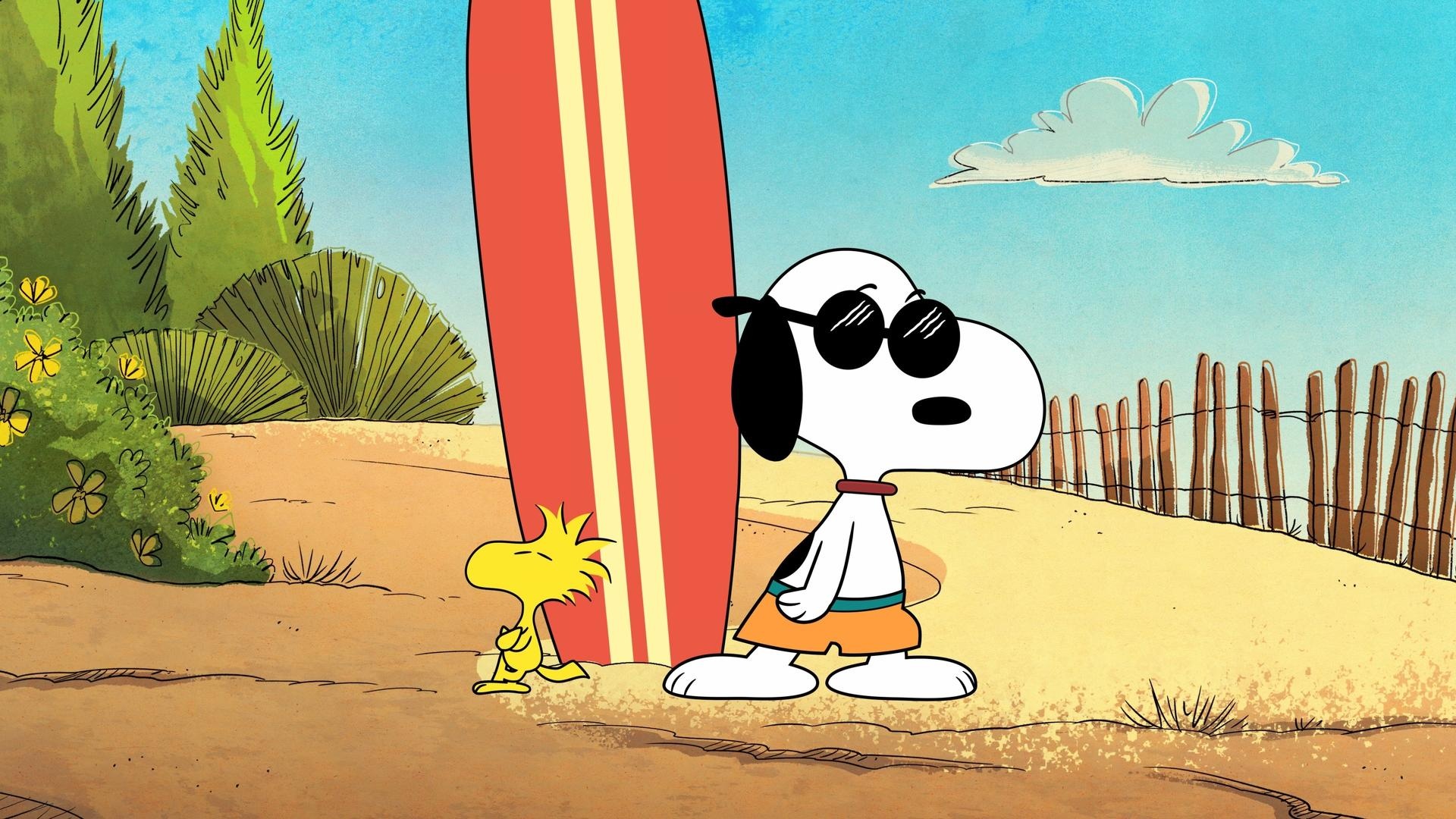 Joe Cool Snoopy, Woodstock, red striped surfboard, Full HD Desktop wallpaper