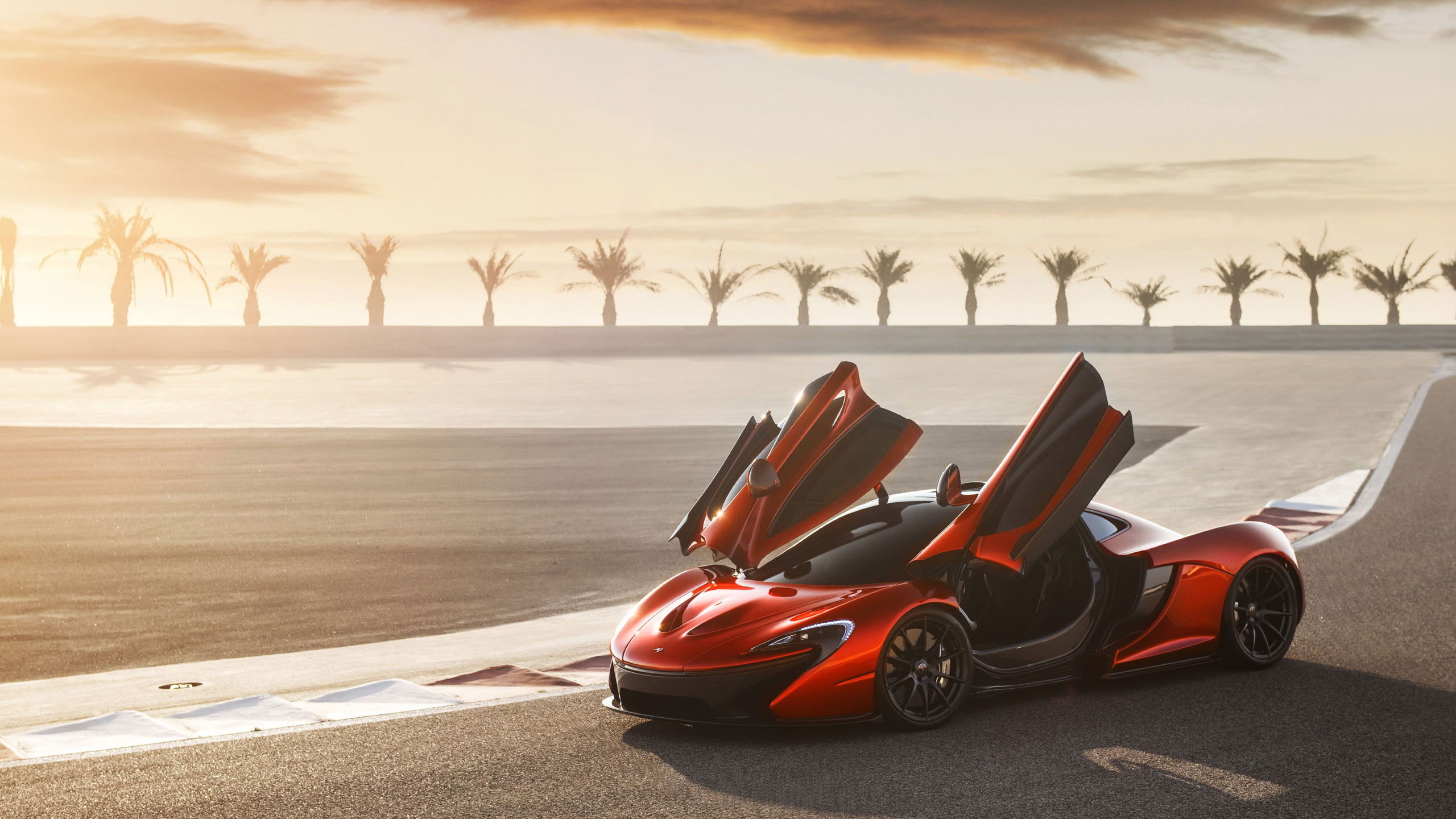 McLaren P1, open dihedral doors, race track at sunset, HD Desktop wallpaper