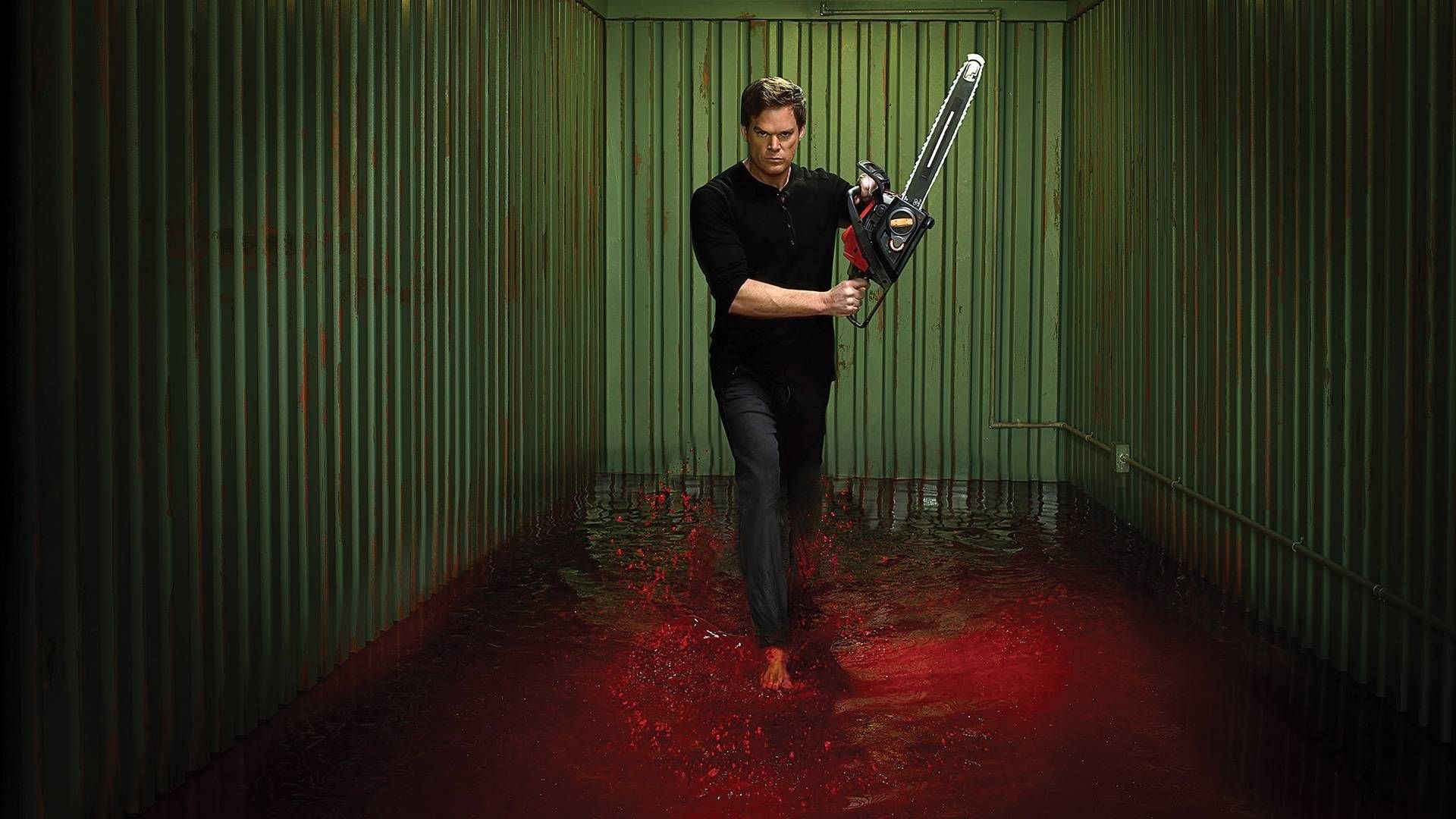 Dexter Morgan, chainsaw, blood-filled shipping container, Full HD Desktop wallpaper