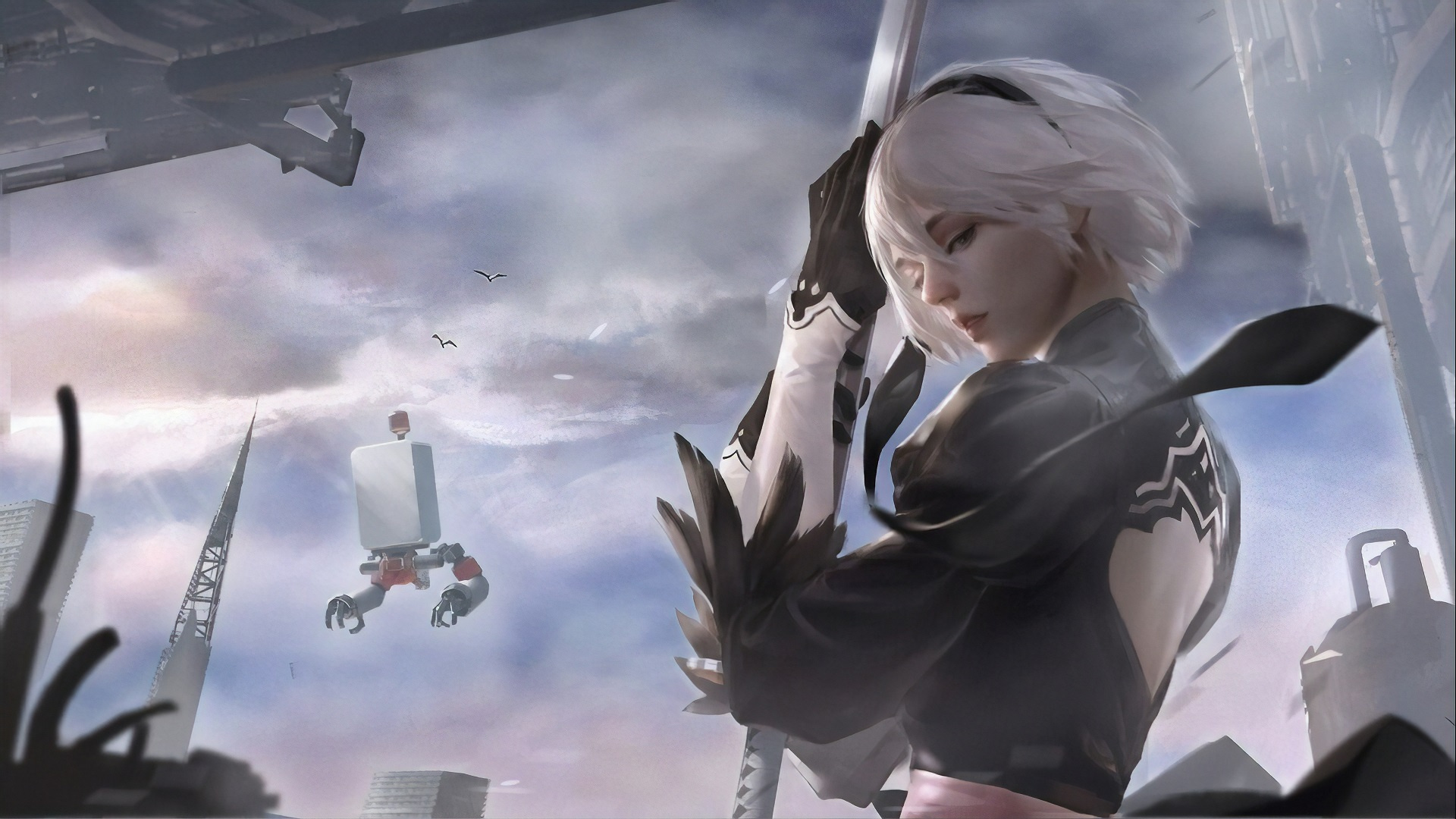 2B, Pod 042, NieR:Automata sword, Ruined cityscape sky, Full HD Desktop wallpaper