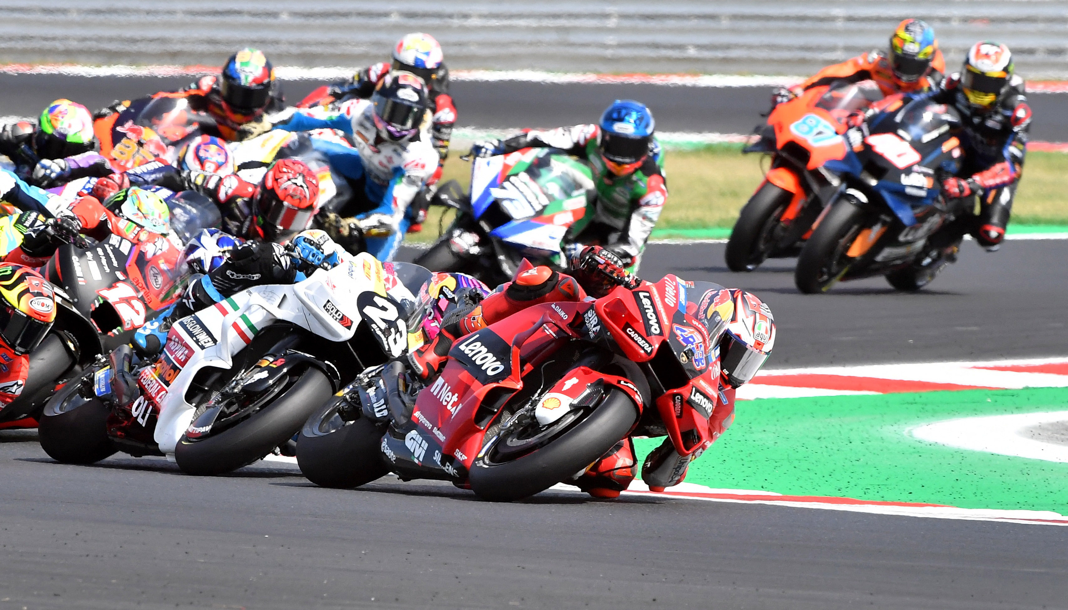 Jack Miller number 43, Ducati Lenovo Desmosedici GP, Enea Bastianini number 23, MotoGP pack through corner, HD Desktop wallpaper