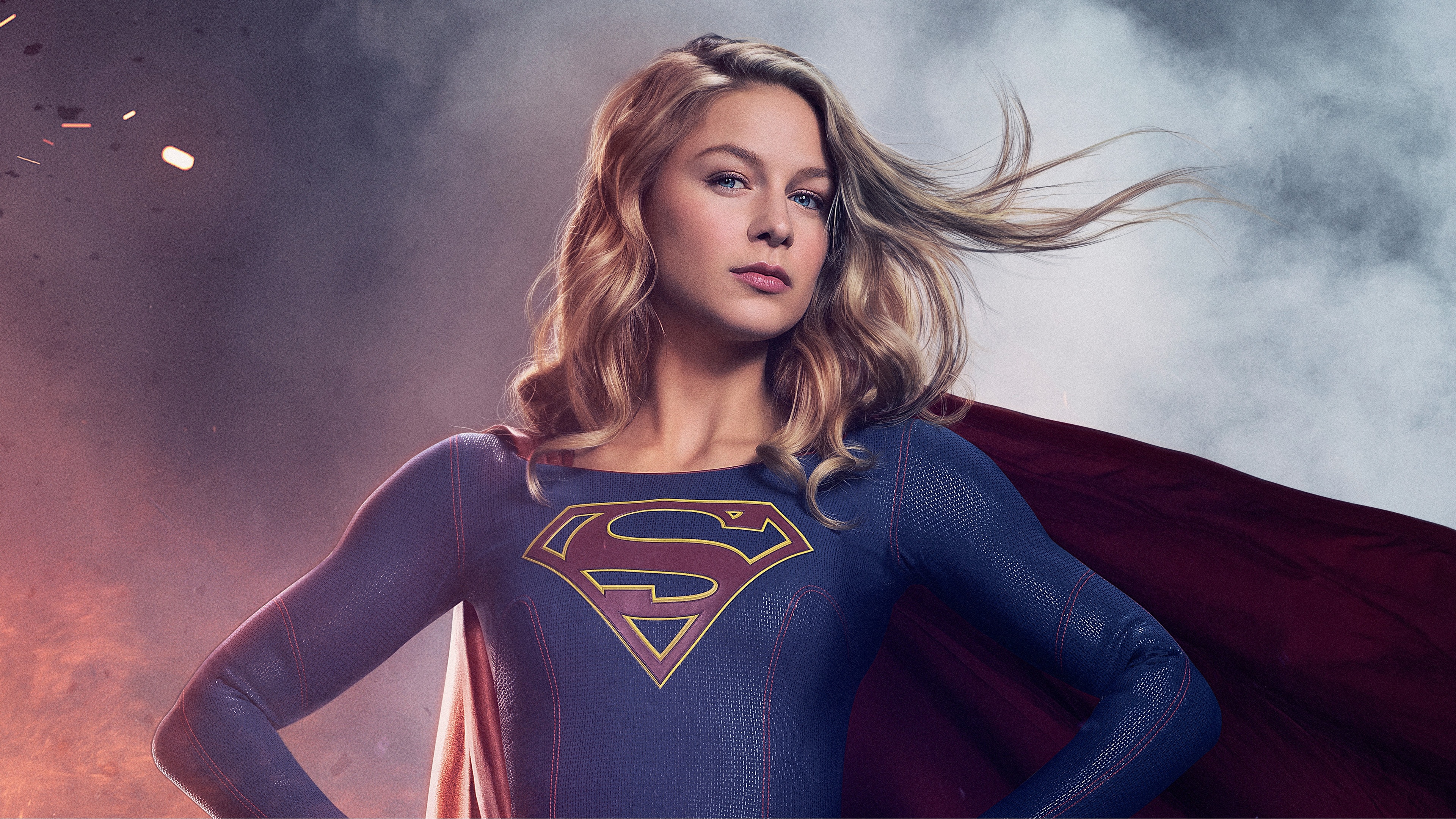 Melissa Benoist as Supergirl, House of El emblem, Red superhero cape, 4K Desktop wallpaper