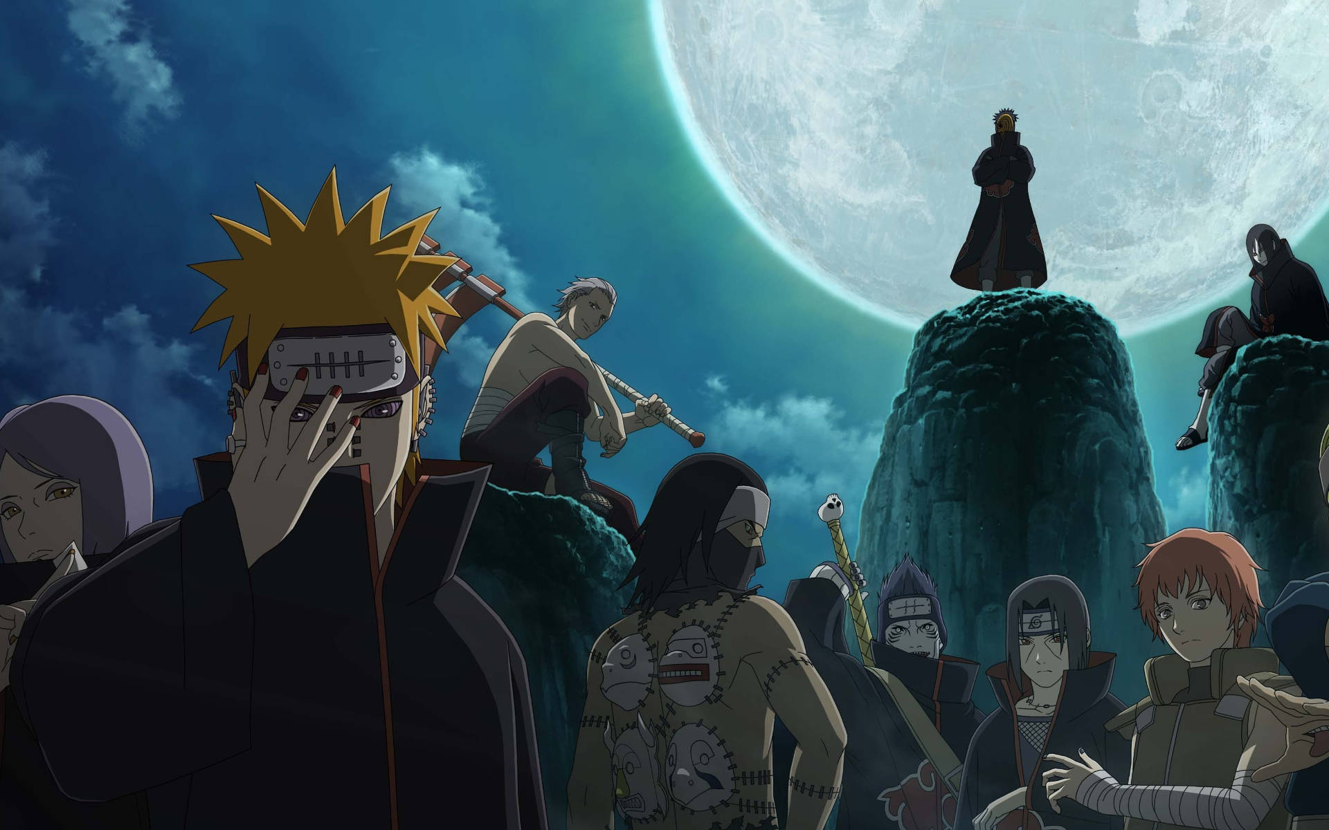 Pain, Itachi Uchiha, Tobi, Kakuzu, full moon night sky, HD Desktop wallpaper