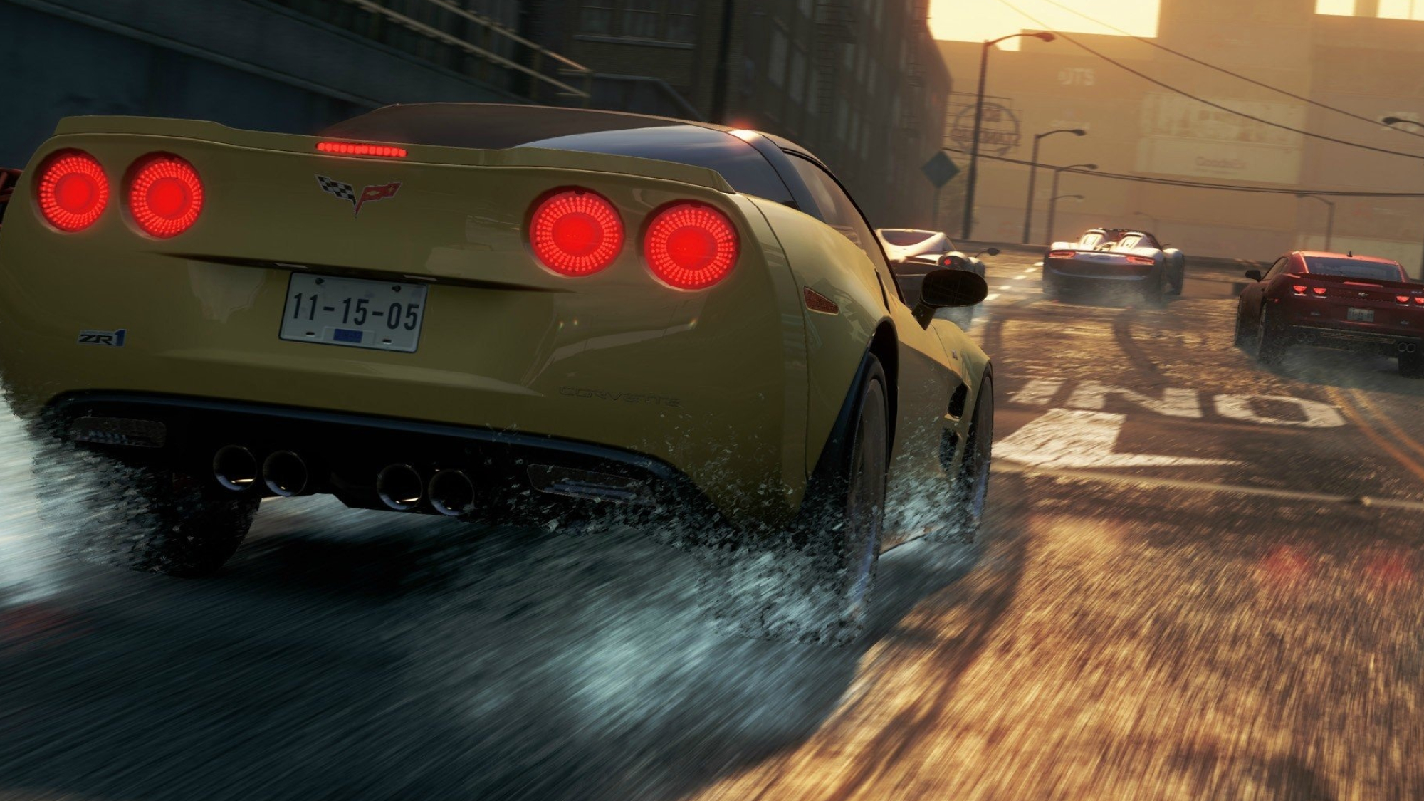 Chevrolet Corvette ZR1, license plate 11-15-05, Porsche 918 Spyder Concept, wet city street race, HD Desktop wallpaper