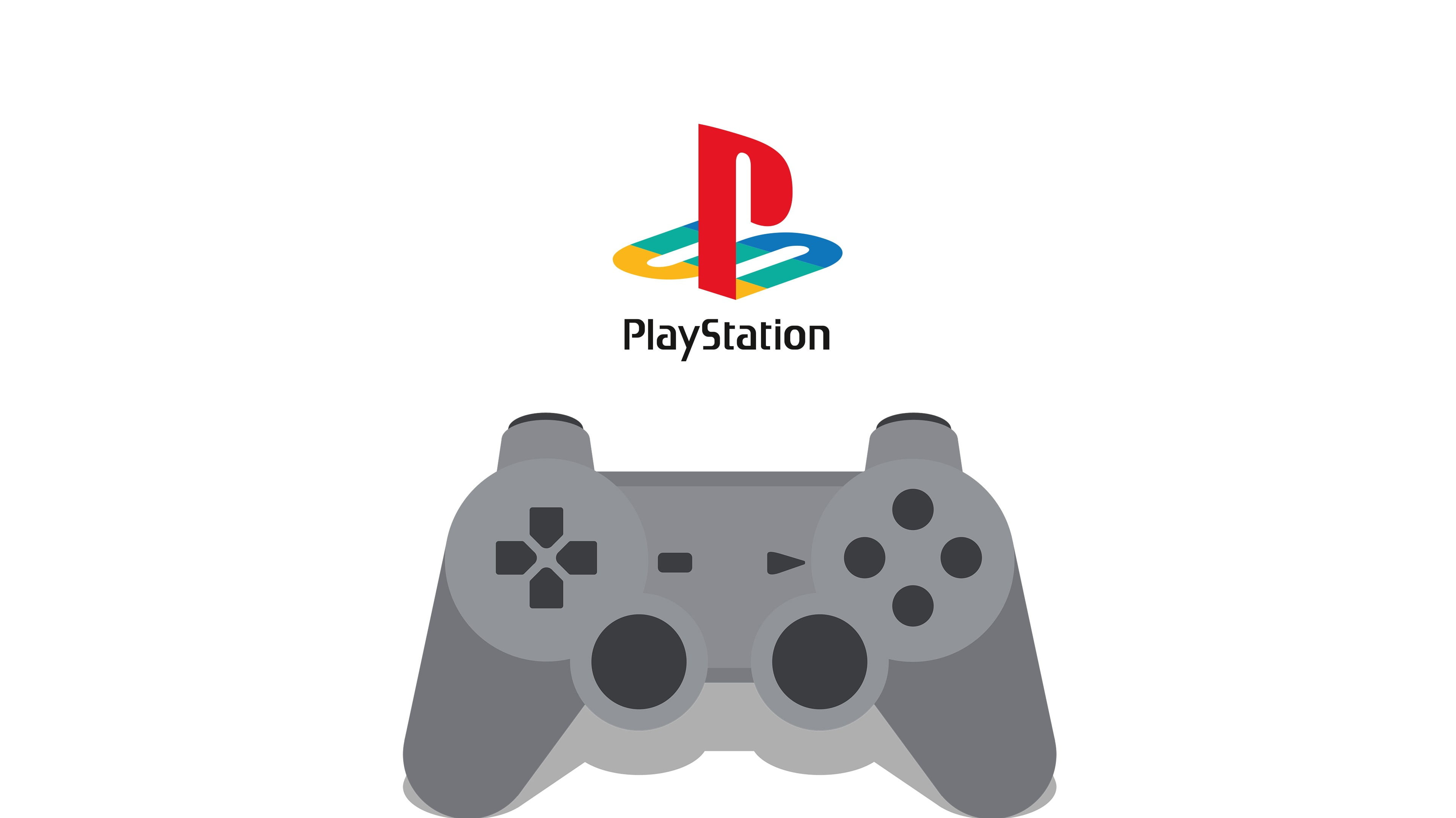 PlayStation logo, PlayStation DualShock controller illustration, PlayStation wordmark, 4K Desktop wallpaper