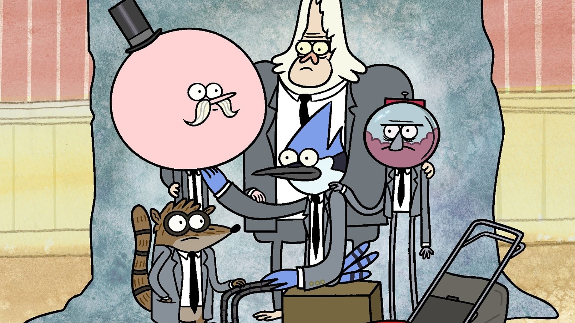 Pops in top hat and suit, Mordecai in grey suit, Rigby in grey suit, Benson in a suit, Regular Show, Full HD Desktop wallpaper