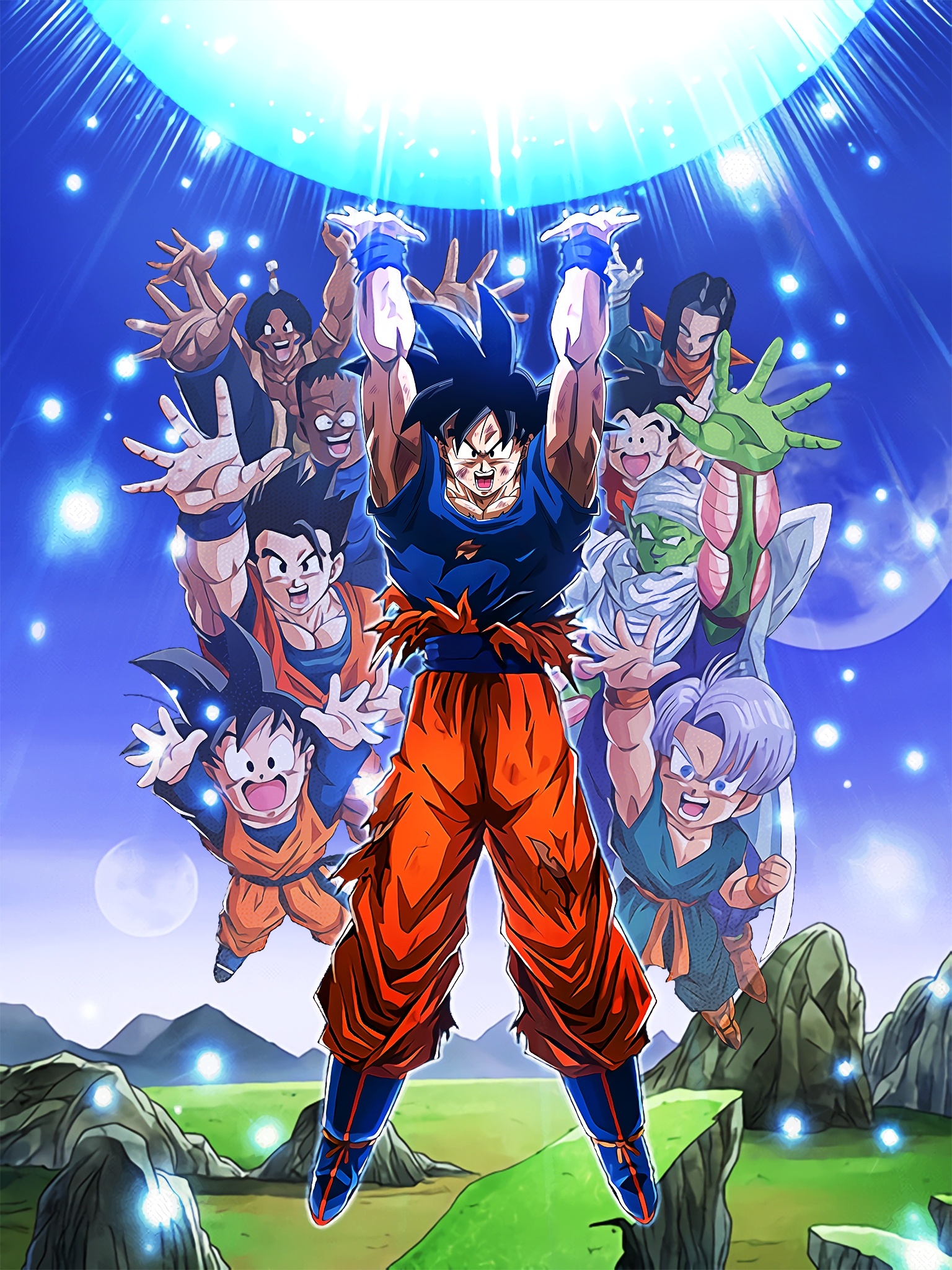 Son Goku Spirit Bomb, Son Gohan and Piccolo, Son Goten and Trunks, Dragon Ball Z Dokkan Battle, HD Phone wallpaper