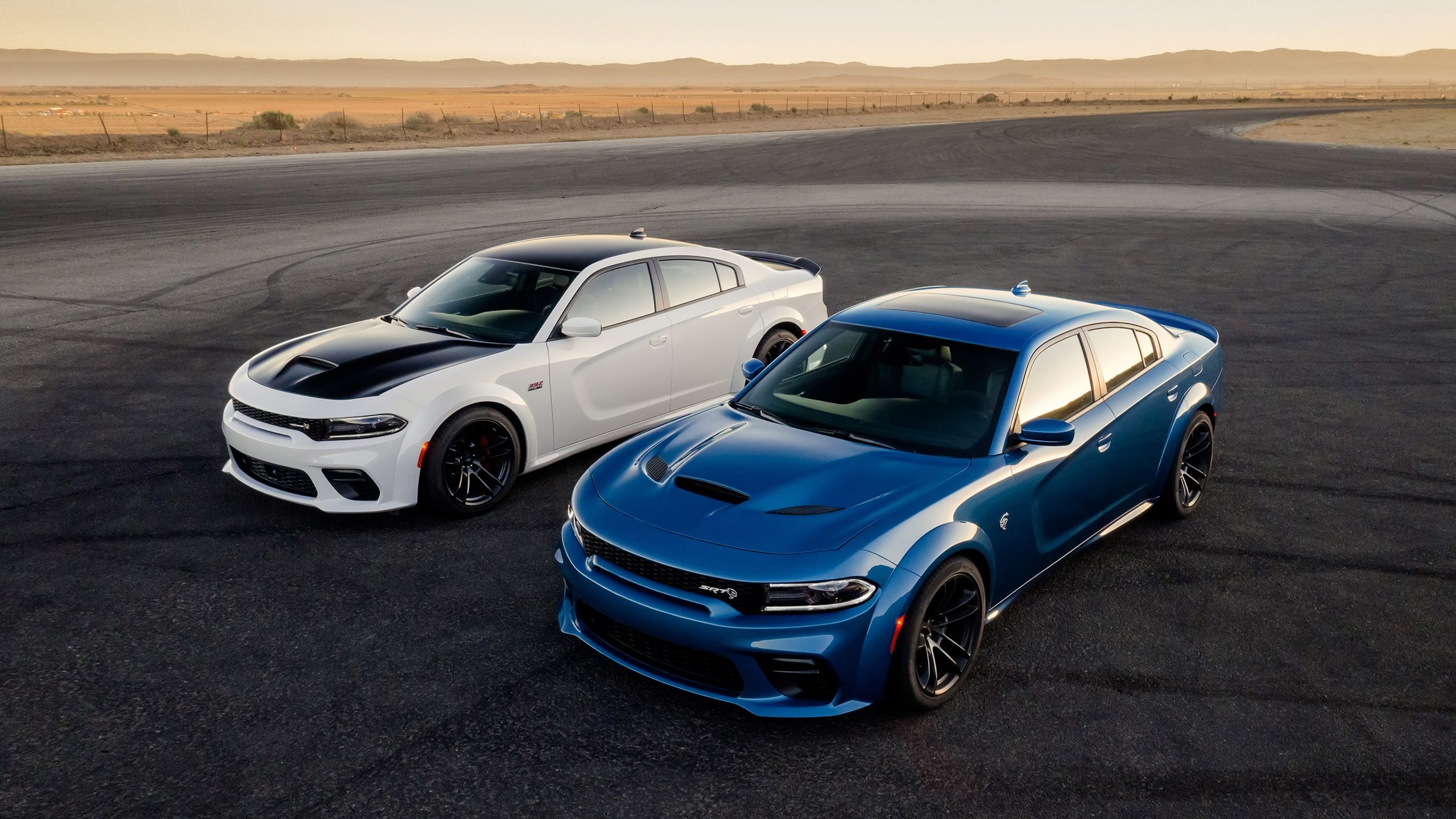 Dodge Charger SRT Hellcat Widebody, Dodge Charger Scat Pack Widebody, desert tarmac racetrack, HD Desktop wallpaper