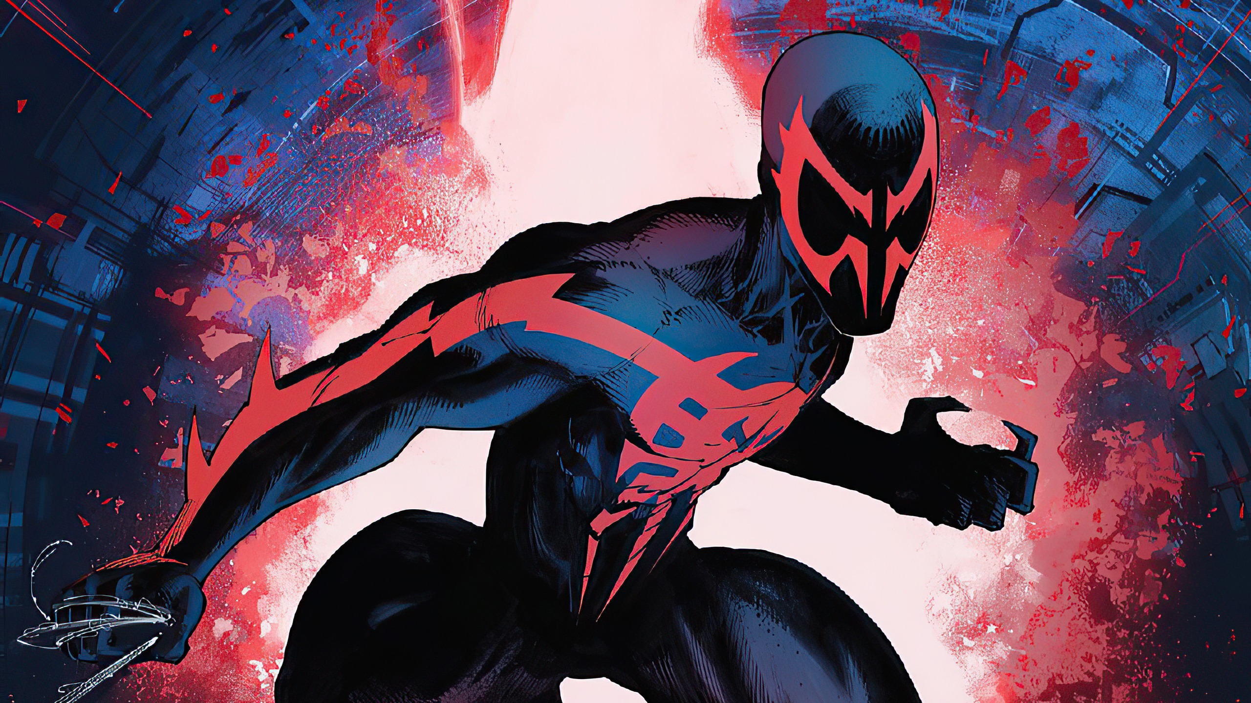 Spider-Man 2099 (Miguel O'Hara), Spiked forearm blades, Glowing red backdrop, Abstract comic city, HD Desktop wallpaper