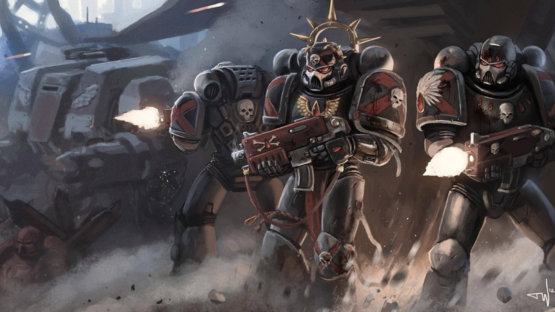 Blood Angels Death Company Space Marines, Castraferrum Dreadnought, Firing Boltgun weapon, Warhammer 40,000 battlefield, Full HD Desktop wallpaper