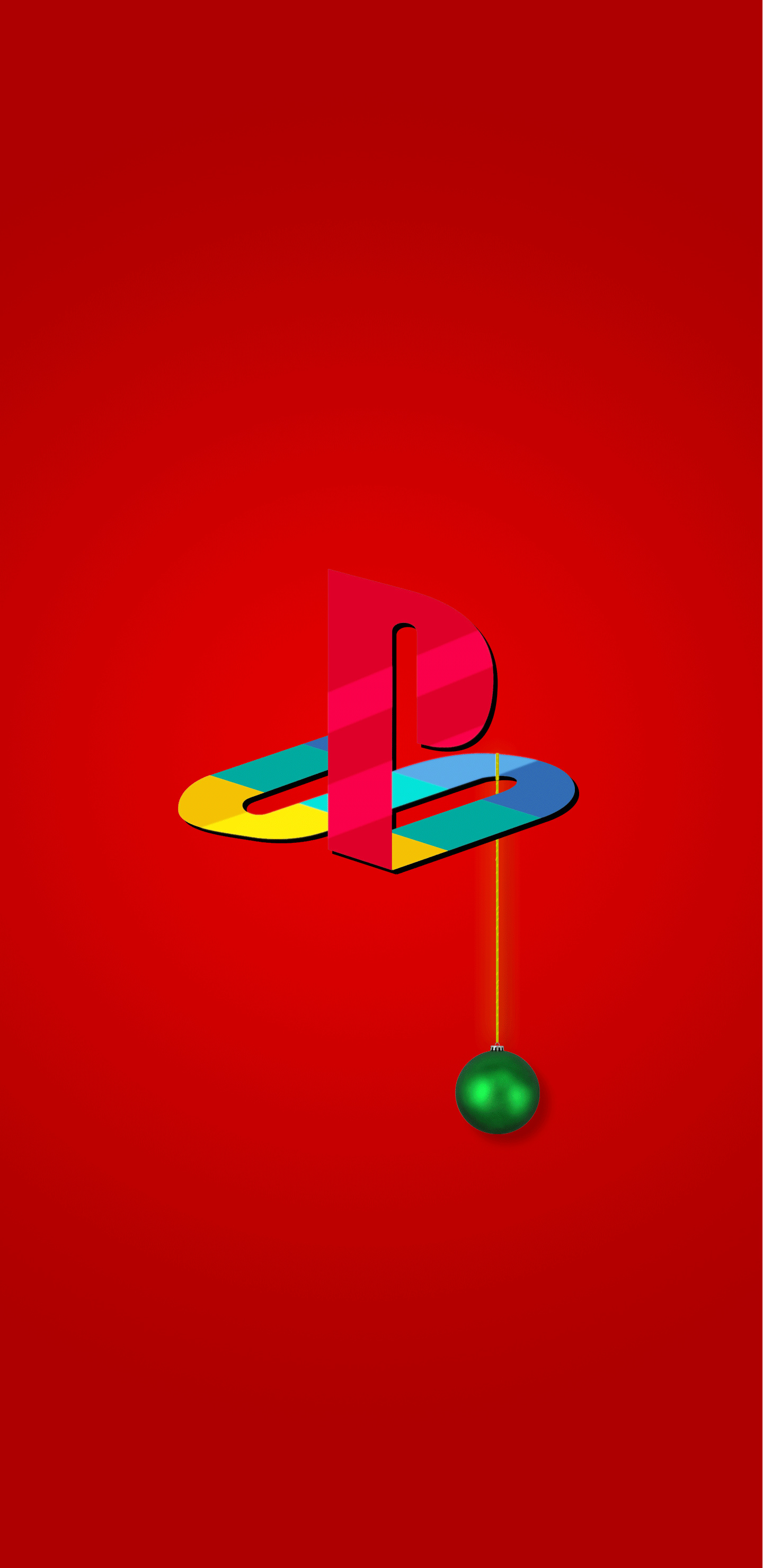 PlayStation logo, Green Christmas bauble ornament, Vibrant red gradient backdrop, HD Phone wallpaper