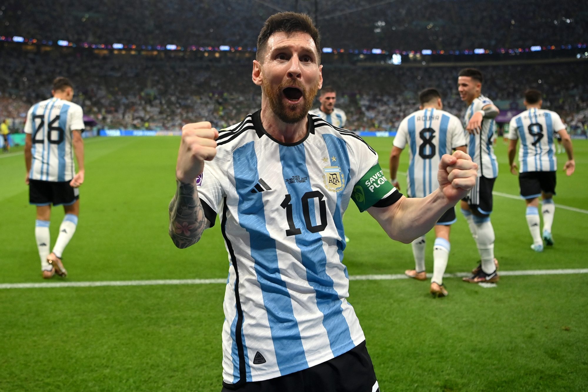 Lionel Messi celebrating, Argentina national football team jersey, Lusail Stadium pitch, HD Desktop wallpaper