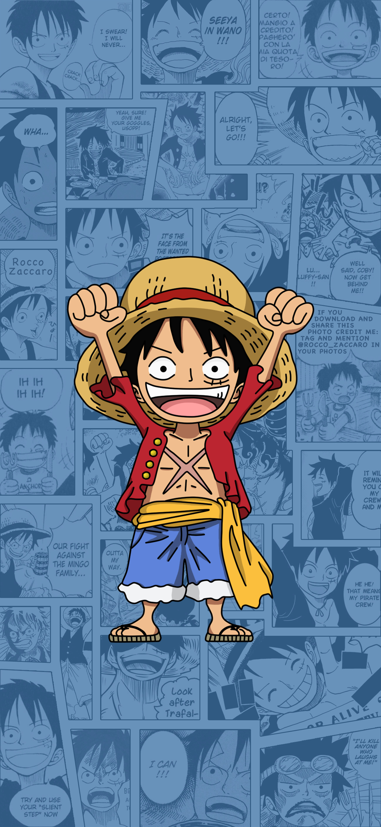 chibi Monkey D. Luffy, One Piece manga panels, straw hat, blue comic collage, HD Phone wallpaper