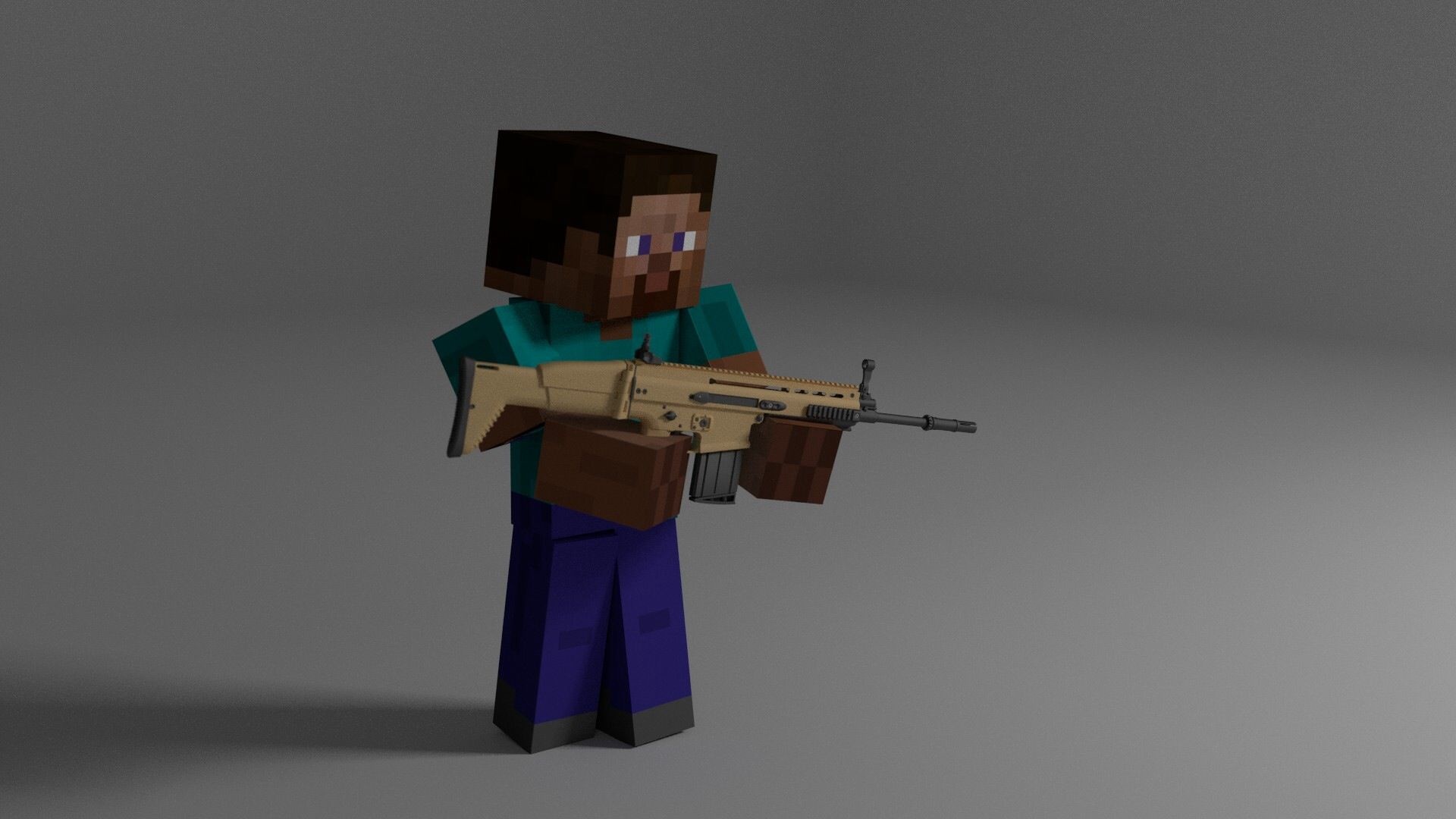 Steve from Minecraft, FN SCAR assault rifle, Grey studio background, Full HD Desktop wallpaper