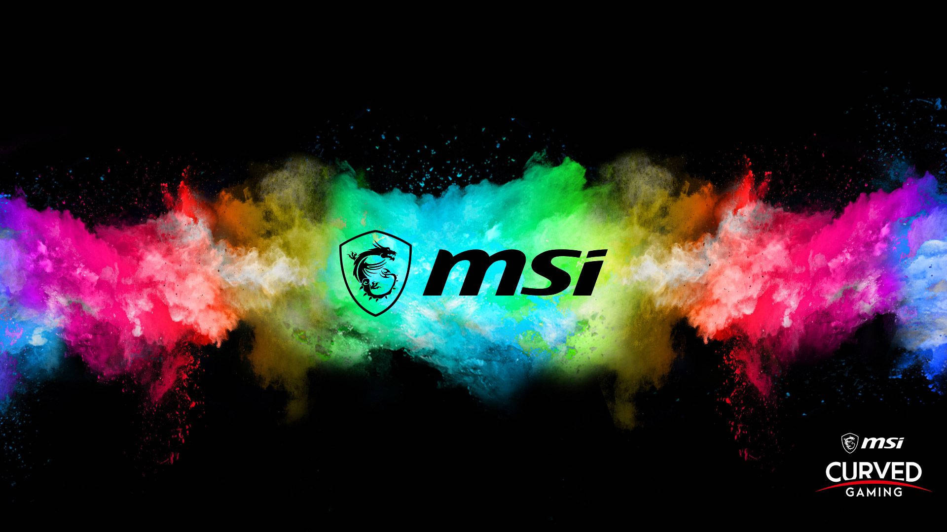 MSI dragon shield logo, MSI CURVED GAMING text, multicolor powder explosion, Full HD Desktop wallpaper