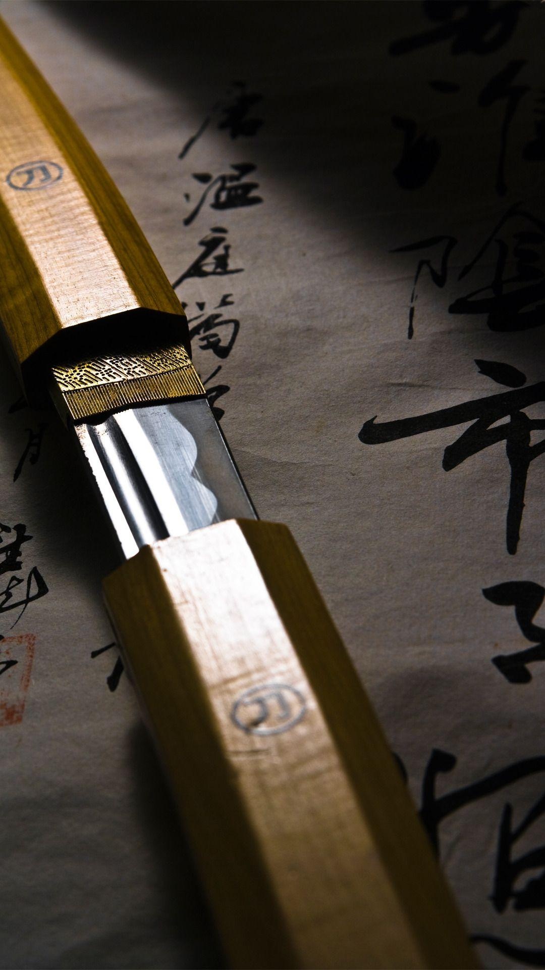 Shirasaya tanto blade, Japanese calligraphy parchment, Brass habaki collar, Full HD Phone wallpaper