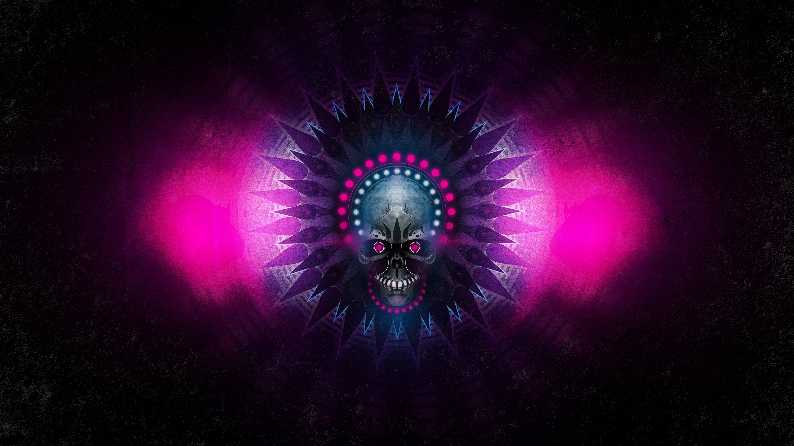 Spiked sunburst mandala skull, Magenta and violet glow, Studded halo of lights, HD Desktop wallpaper
