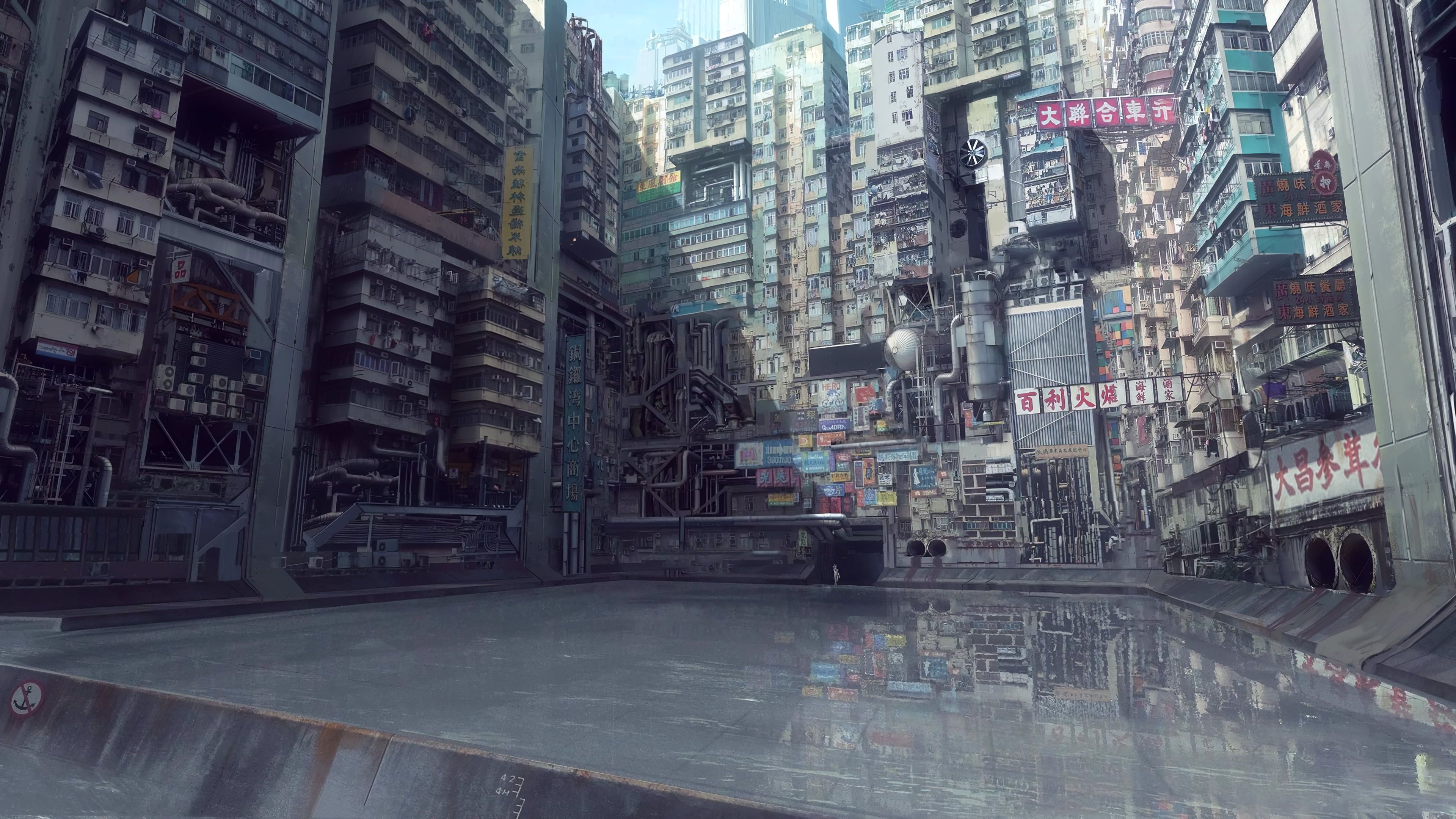 Ghost in the Shell concept, cyberpunk Kowloon tenement buildings, flooded concrete canal basin, 4K Desktop wallpaper