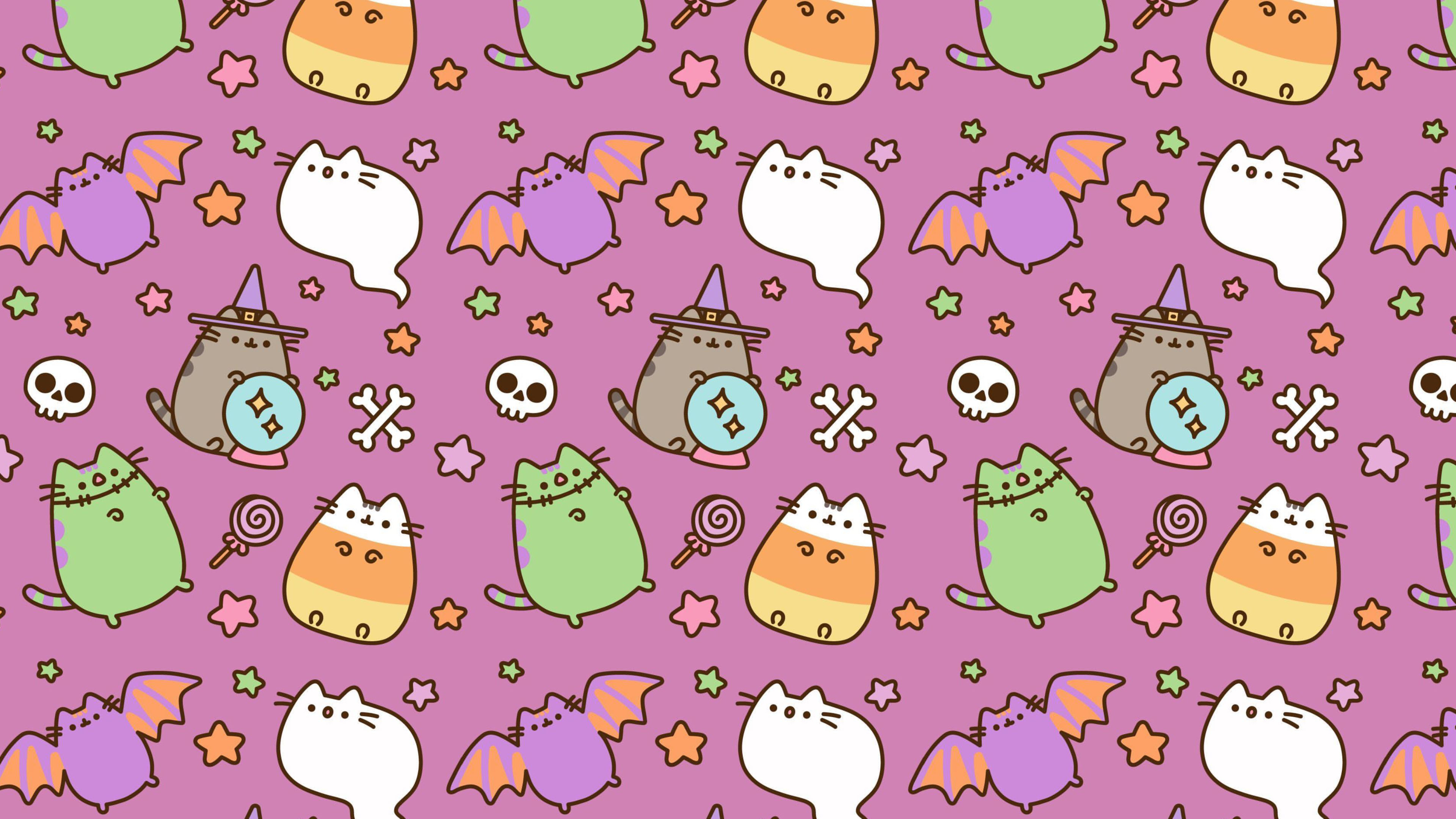 Pusheen the Cat, Halloween Pusheen pattern, Pastel Halloween icons, 4K Desktop wallpaper