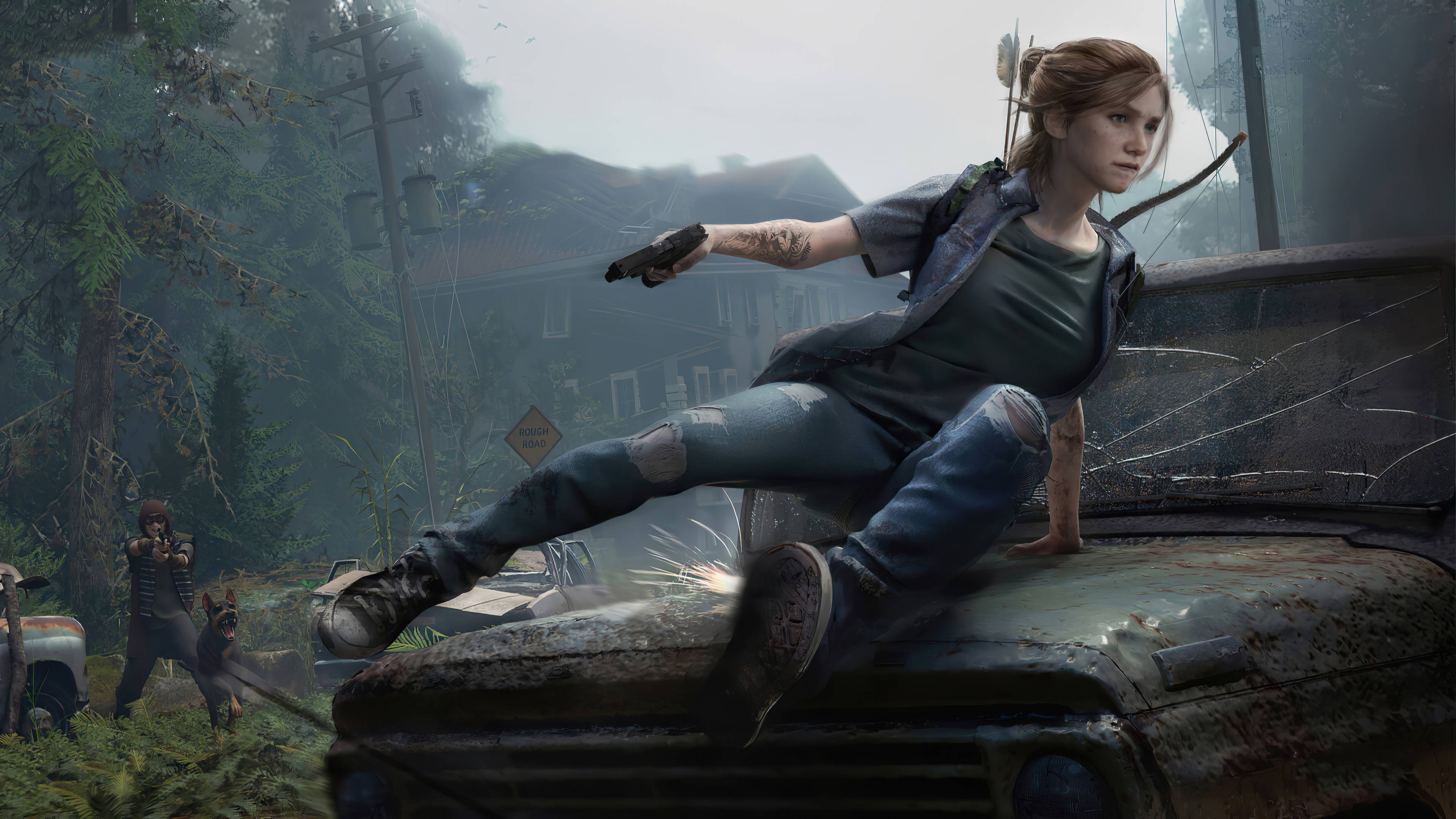 Ellie Williams, WLF soldier with dog, ROUGH ROAD sign, 4K Desktop wallpaper