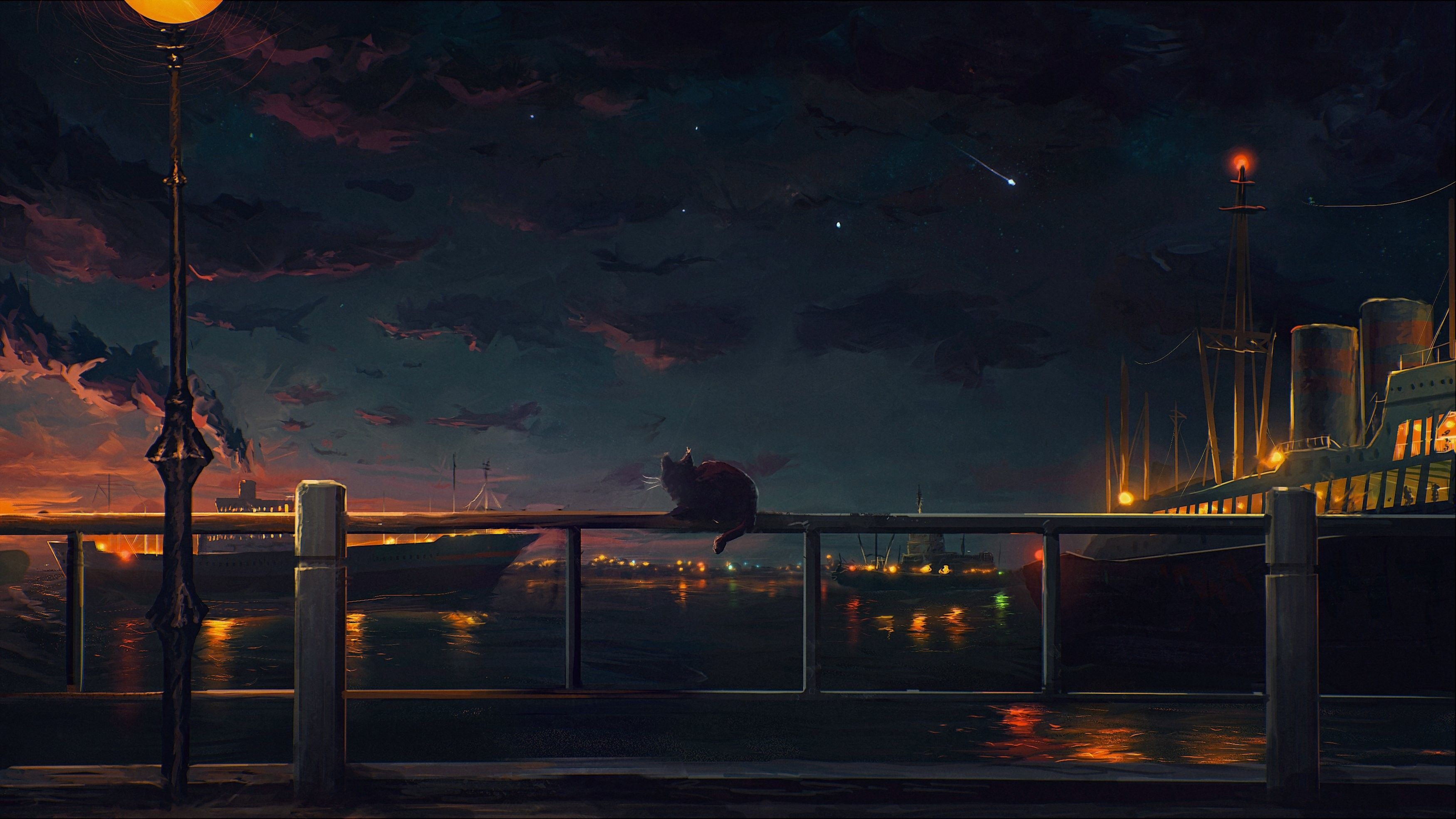 cat on harbor railing, docked vintage ocean liner, glowing harbor street lamp, HD Desktop wallpaper