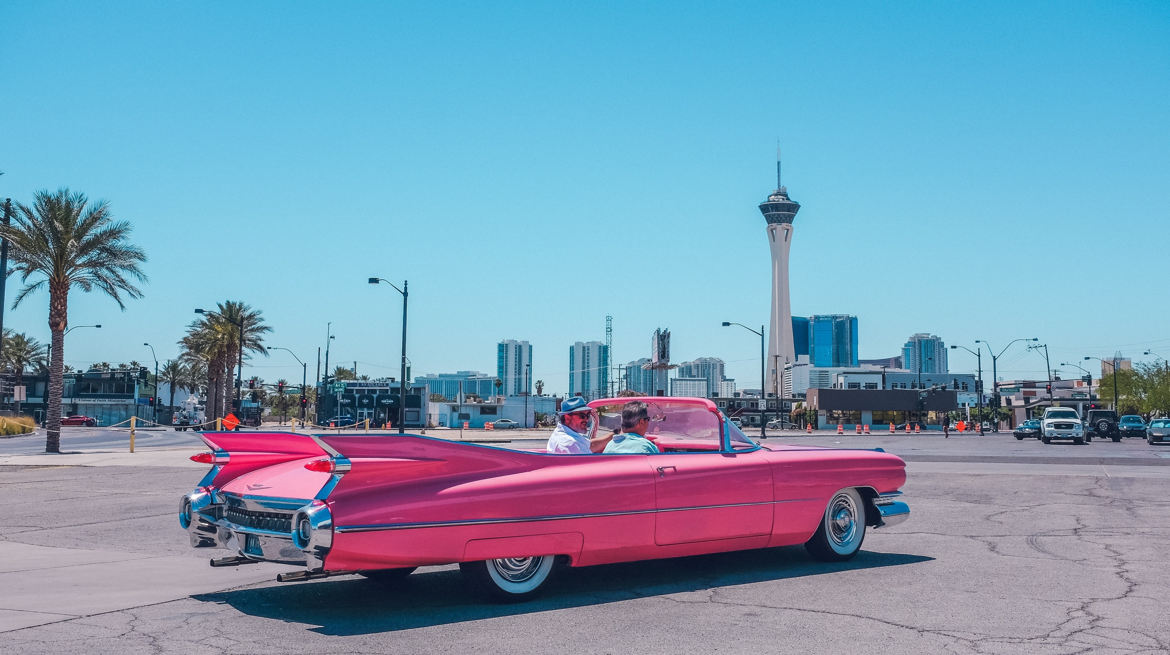 1959 Cadillac convertible, The STRAT Las Vegas, Las Vegas cityscape, HD Desktop wallpaper