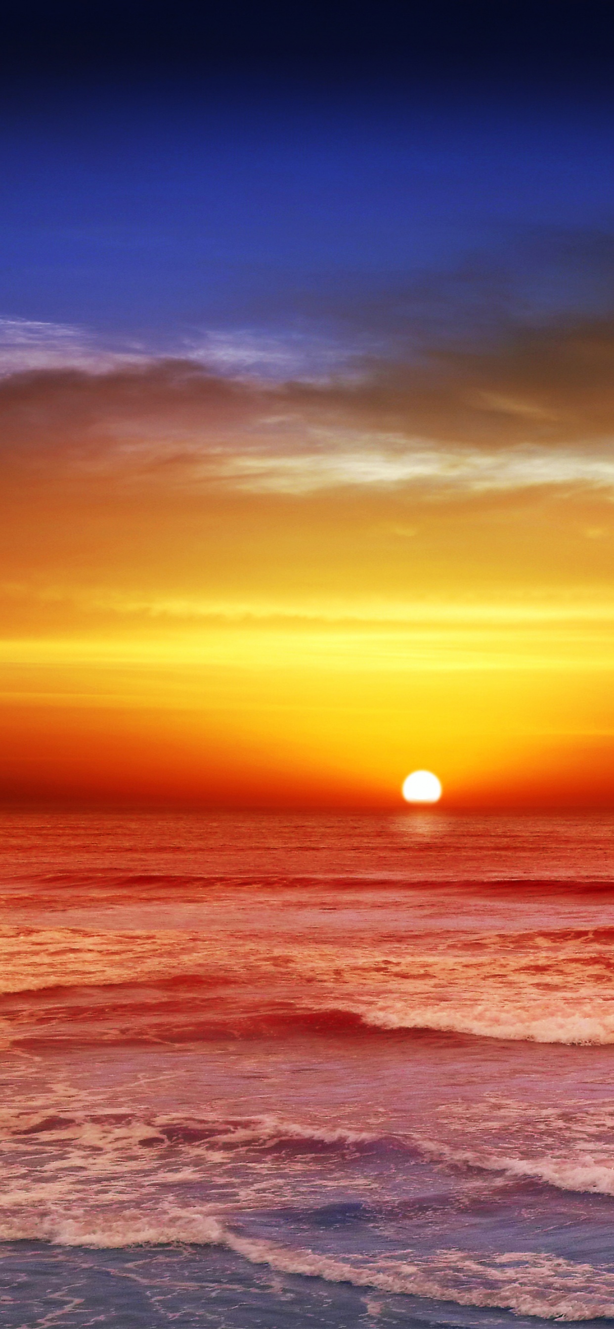 Setting sun over horizon, Ocean waves with seafoam, Golden orange sunset sky, HD Phone wallpaper