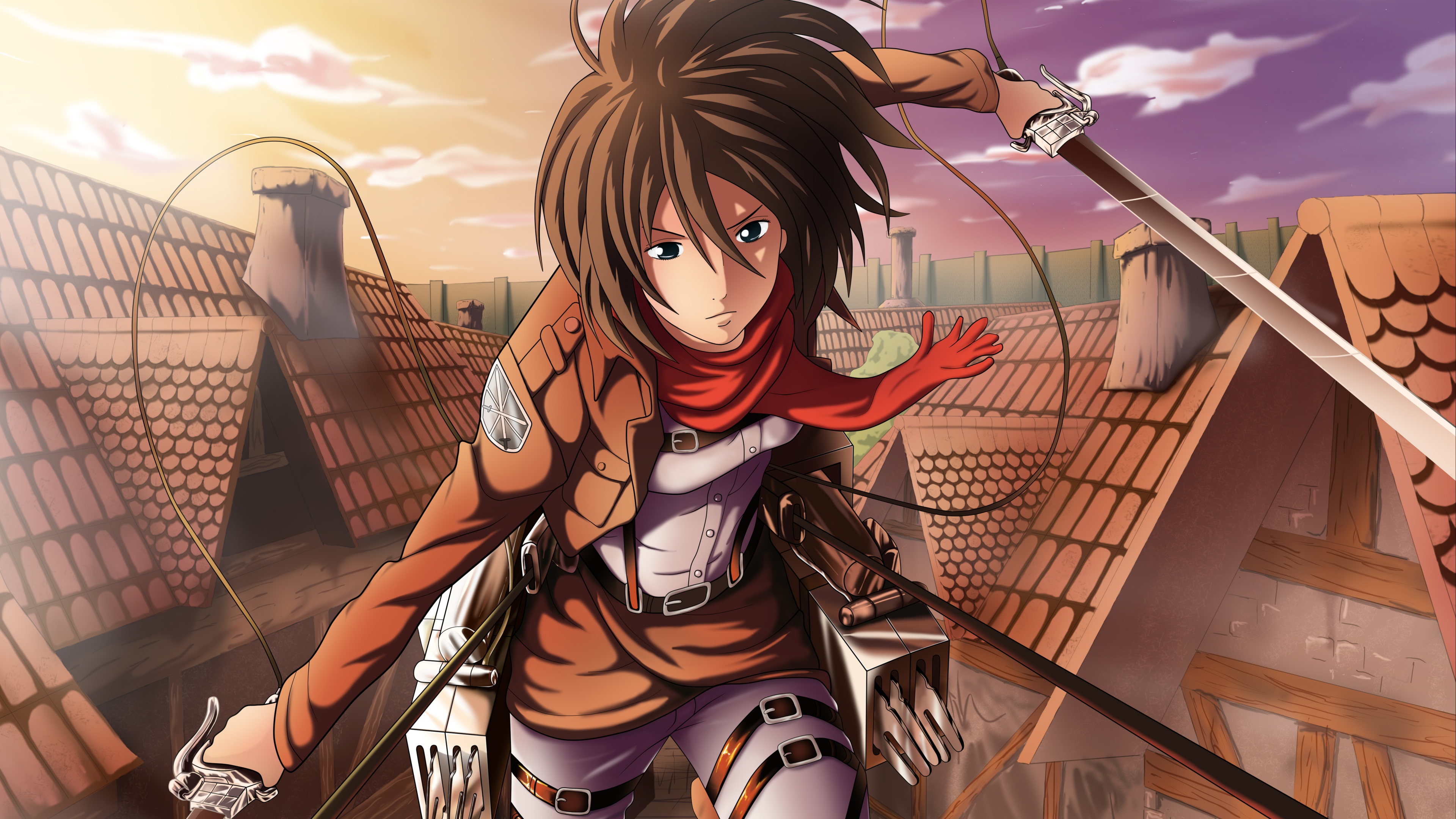 Mikasa Ackerman, Attack on Titan, ODM gear over tiled rooftops, Red scarf at sunset, 4K Desktop wallpaper