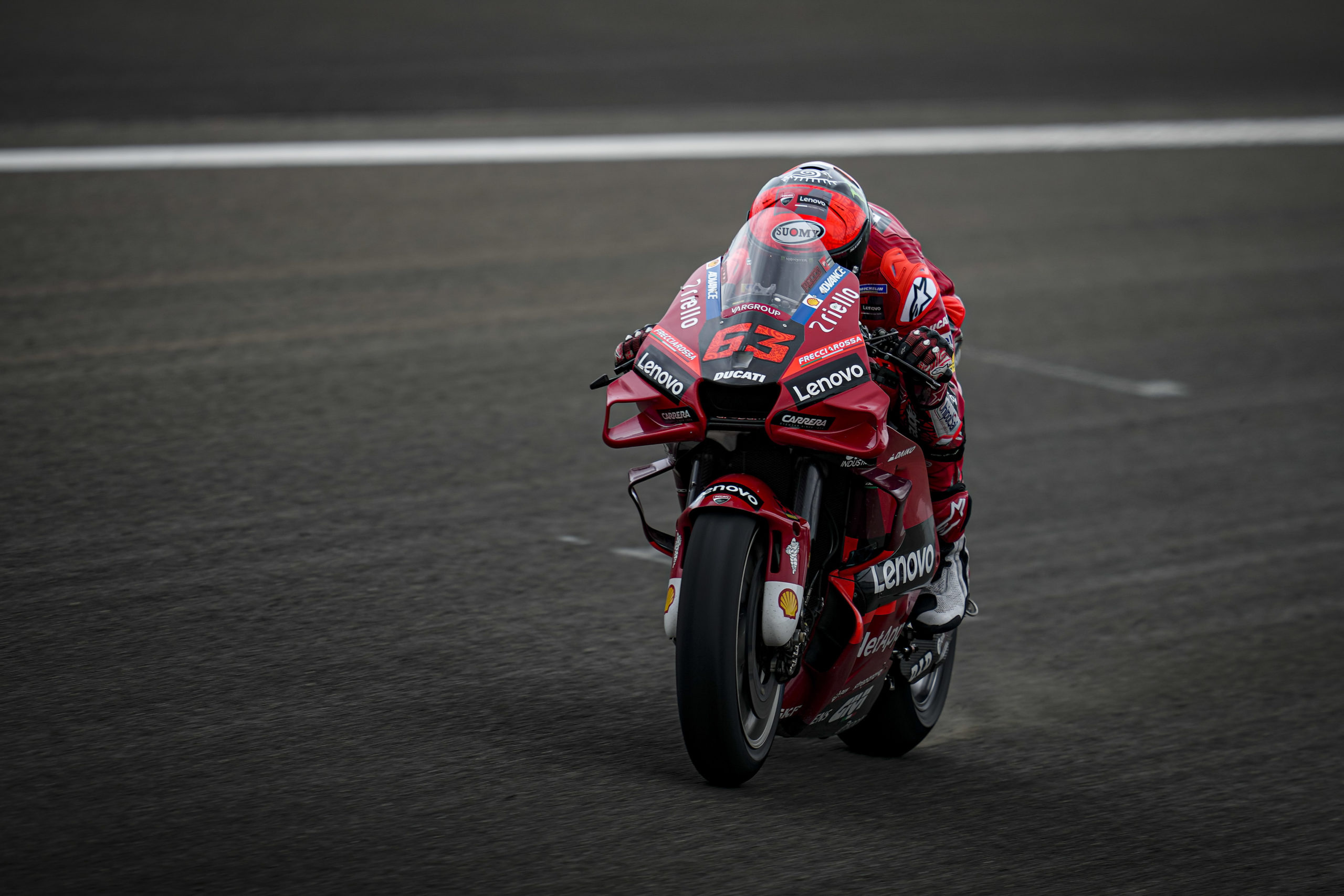 Francesco Bagnaia number 63, Ducati Lenovo Desmosedici GP, MotoGP head-on down straight, HD Desktop wallpaper