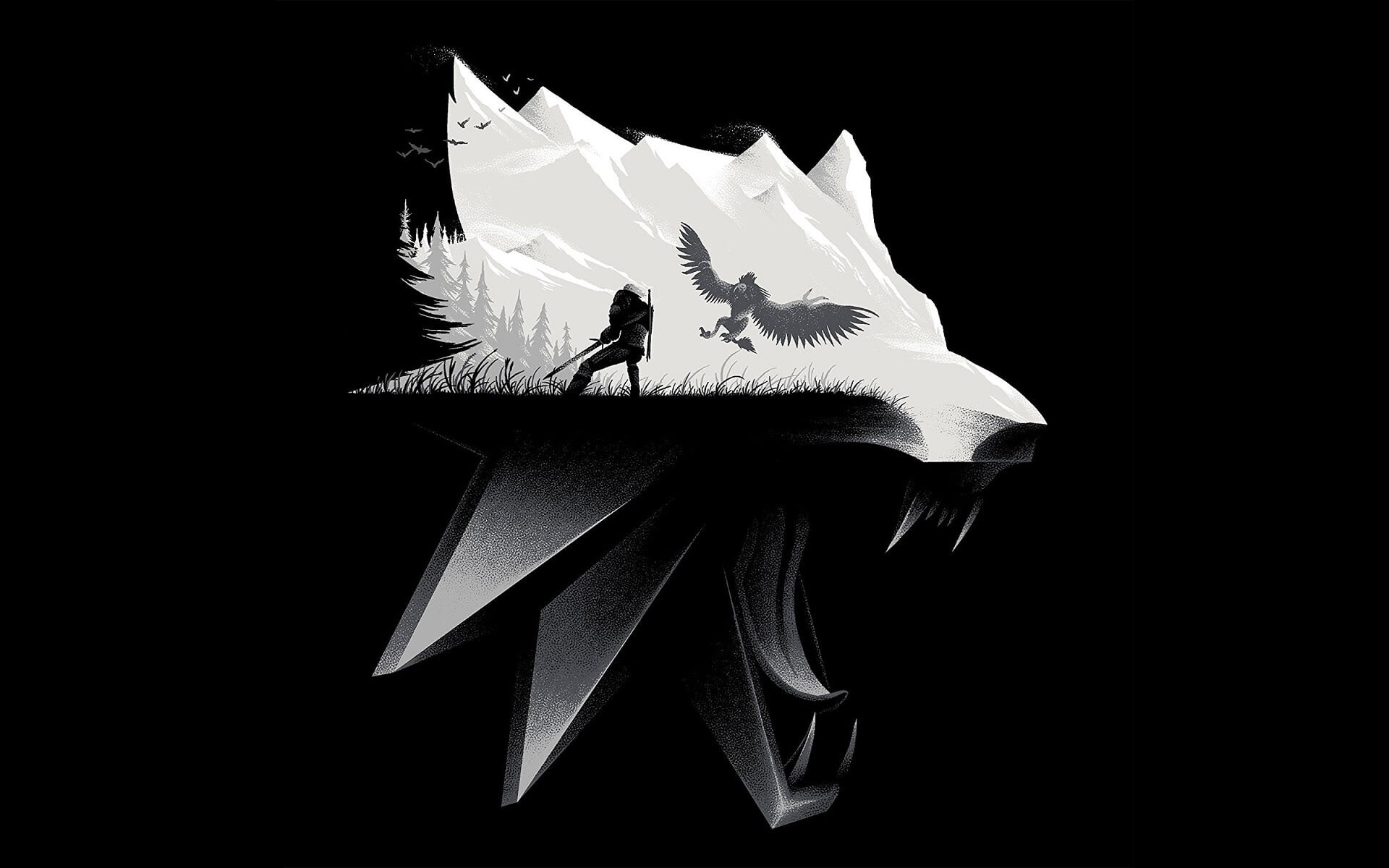 The Witcher, black and white wolf, Video game illustration, Wild hunt adventure, 1920x1200 HD Desktop