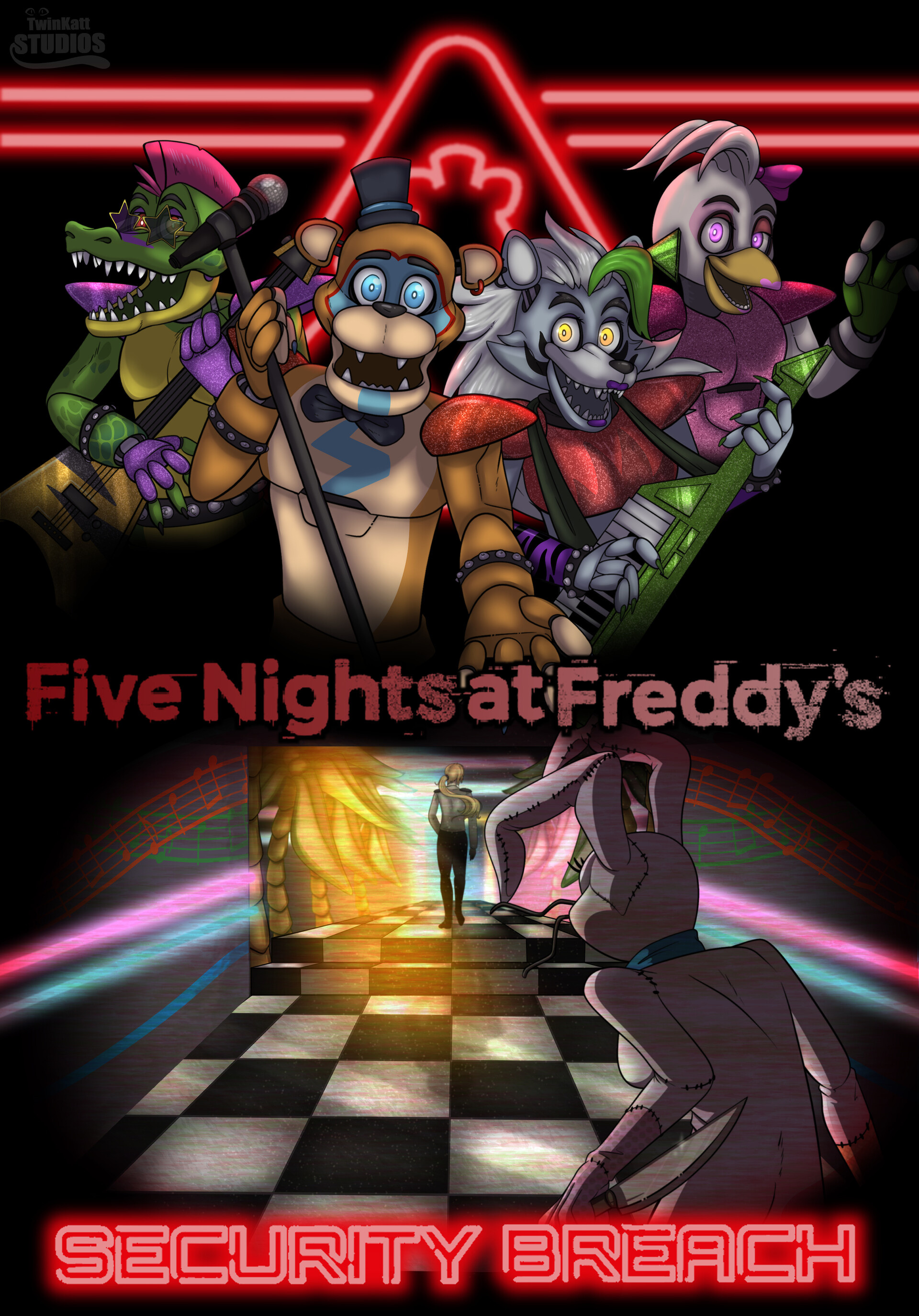 Five Nights at Freddy's: Security Breach, Glamrock Freddy, Montgomery Gator and Roxanne Wolf, Vanny holding knife, Vanessa the security guard, HD Phone wallpaper