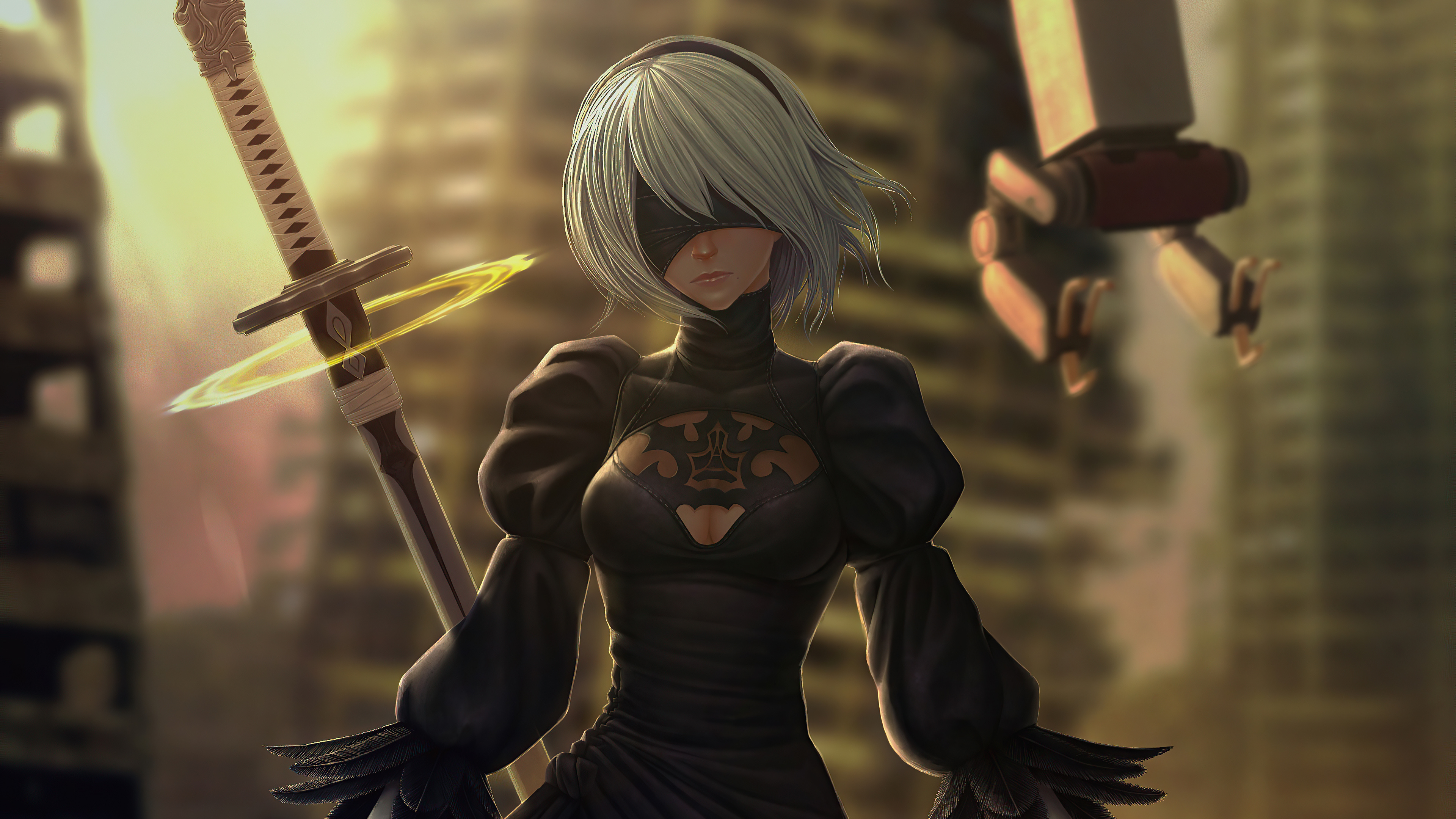 NieR:Automata 2B, Pod 042 support unit, Virtuous Contract katana, 4K Desktop wallpaper