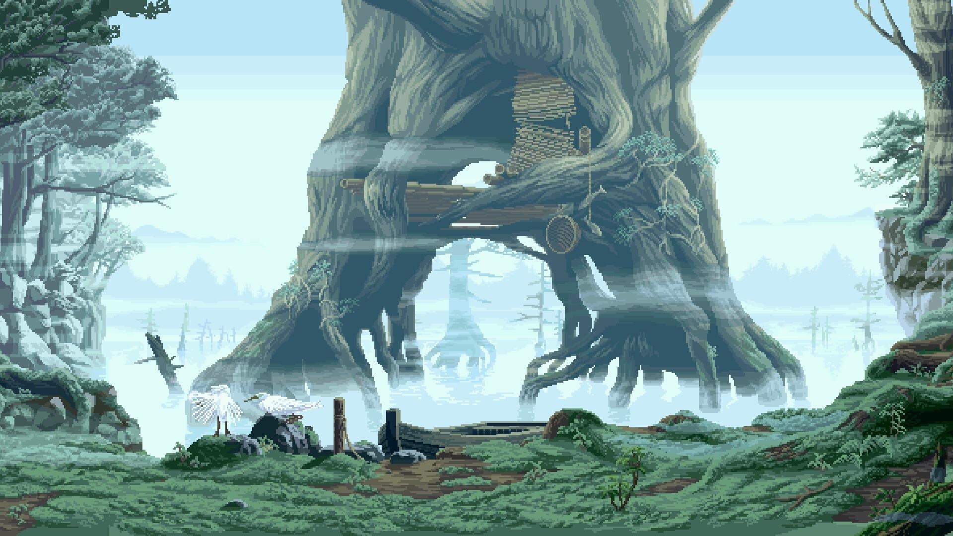 giant hollow cypress treehouse, misty pixel art bayou, white herons on shoreline, Full HD Desktop wallpaper