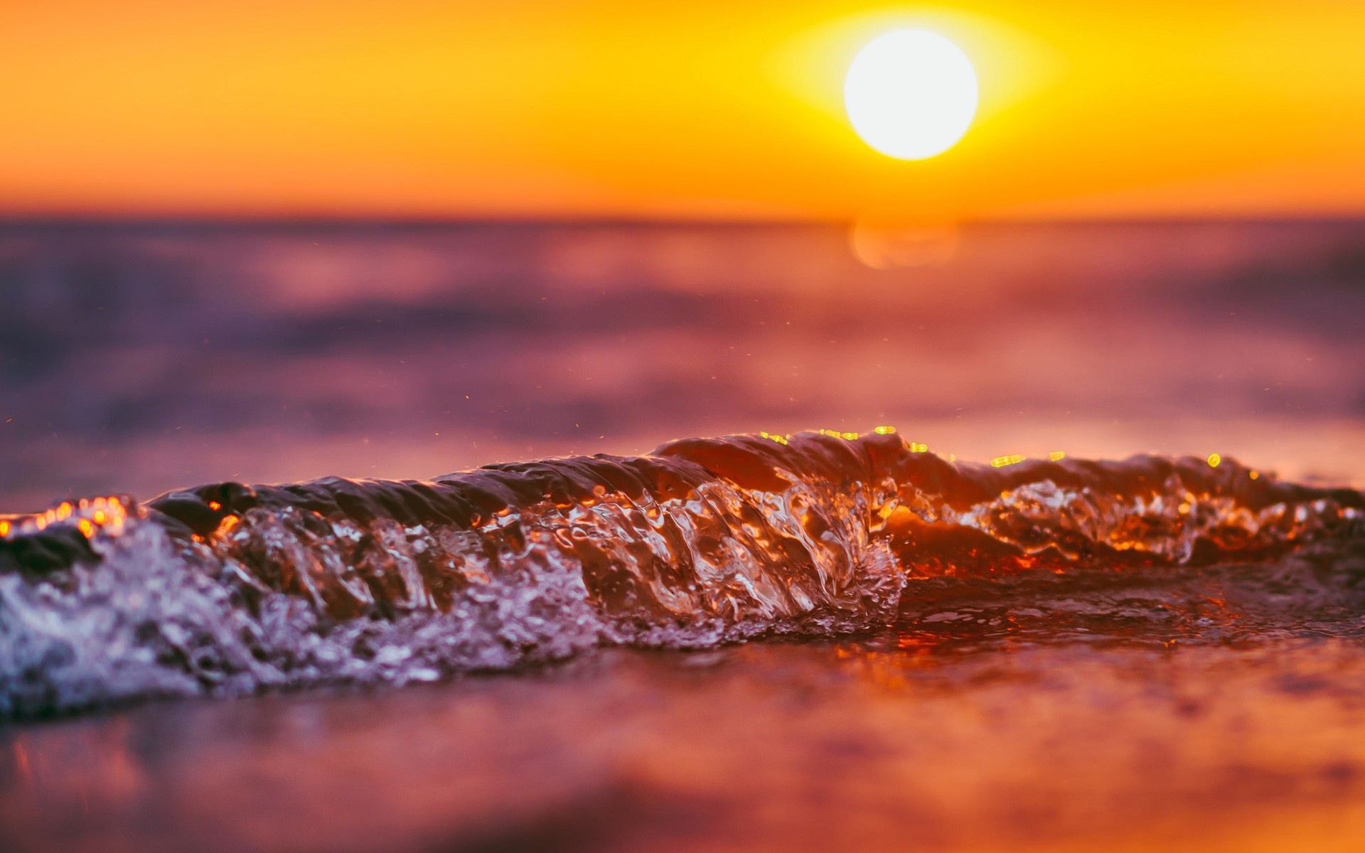 Breaking ocean wave crest, Setting golden sun, Orange ocean sunset, HD Desktop wallpaper