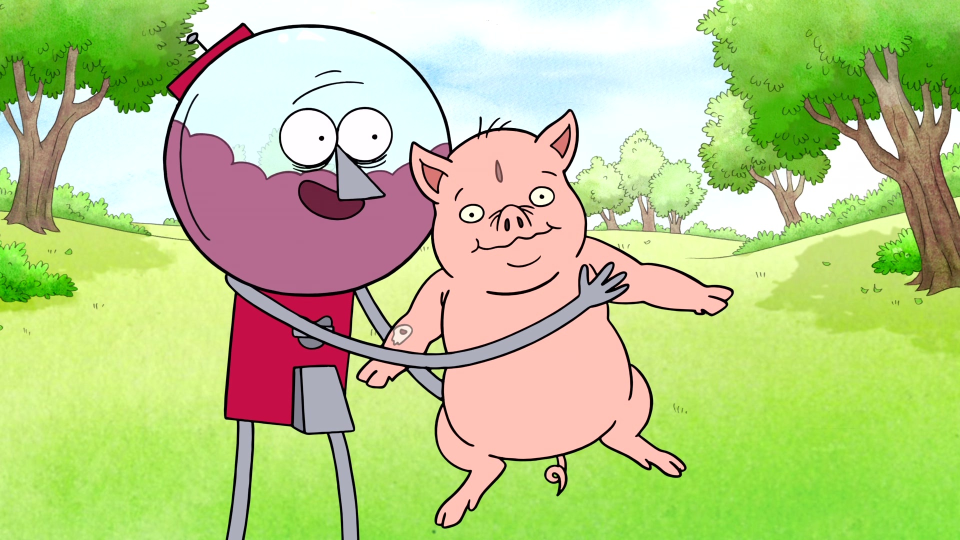 Benson gumball machine, Pink pig standing upright, Sunny park lawn, Regular Show, Full HD Desktop wallpaper