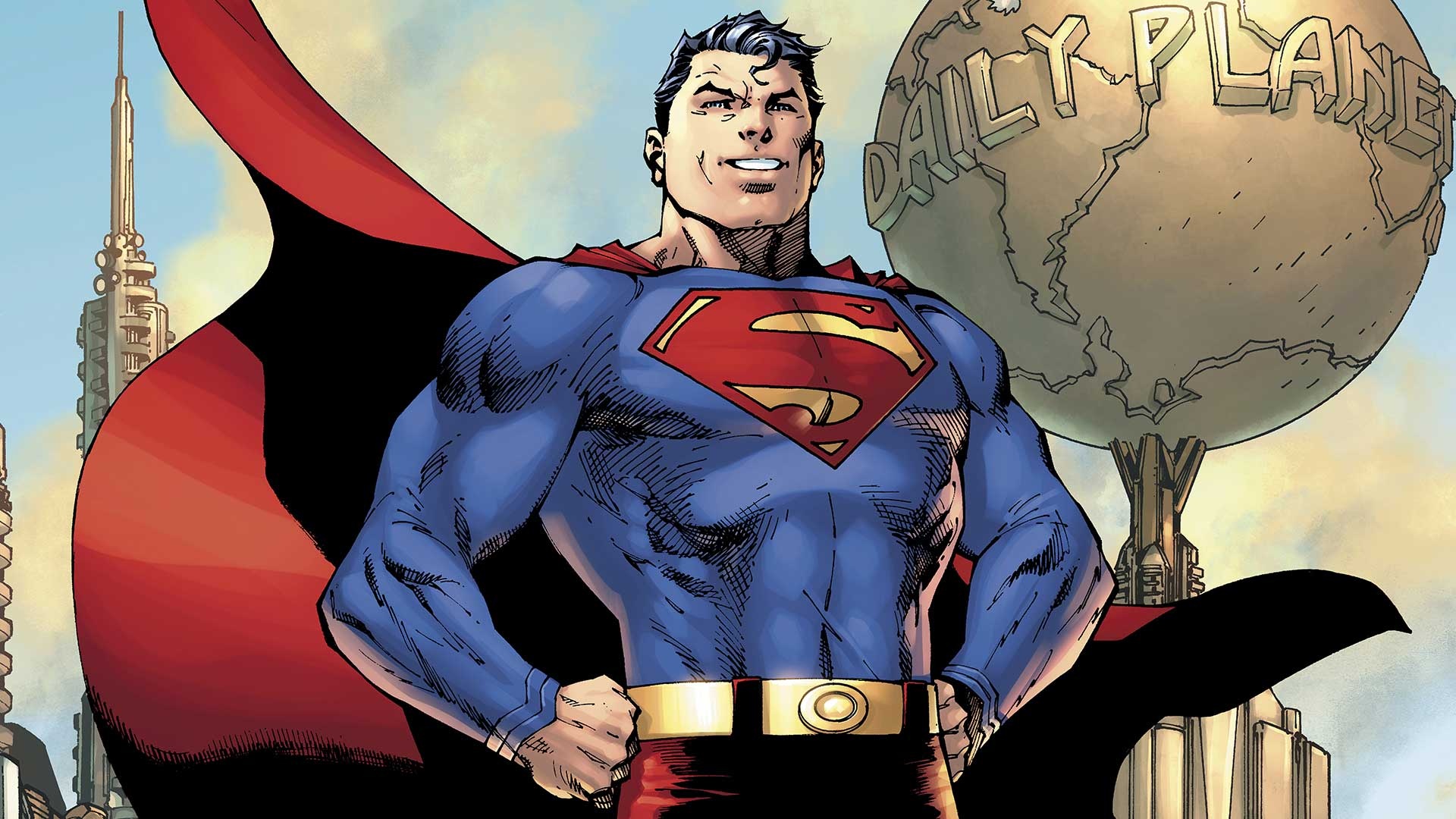 Superman, Daily Planet globe, Metropolis skyline, Full HD Desktop wallpaper