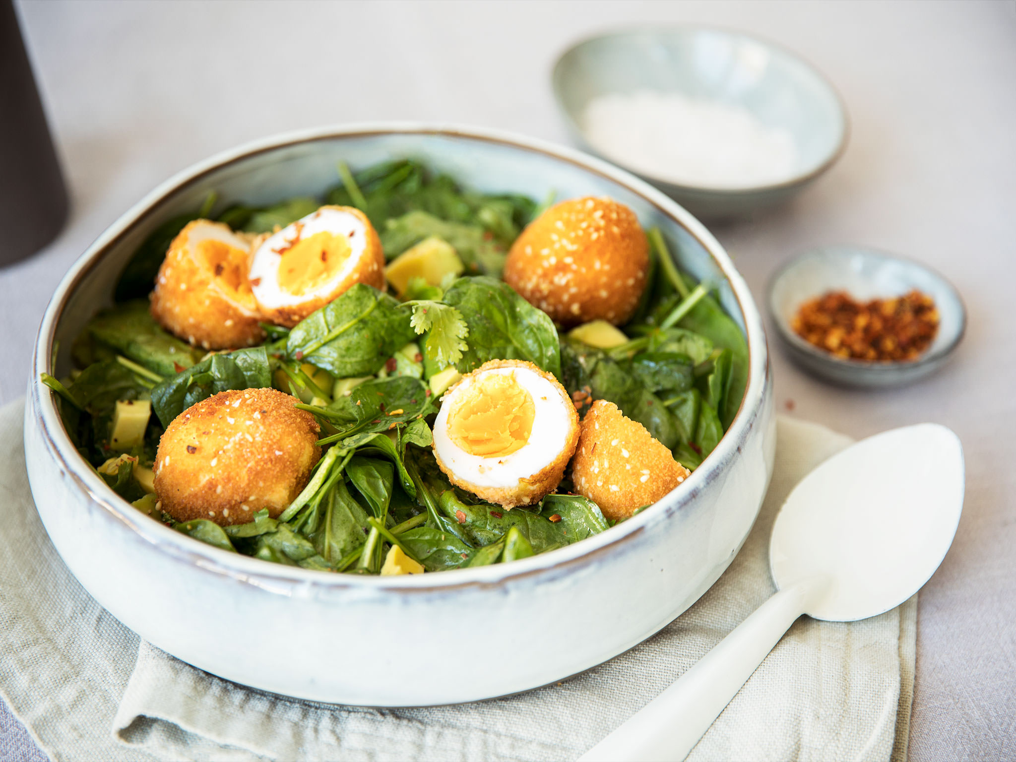 Crispy eggs, Cilantro and avocado salad, Healthy breakfast, Fresh ingredients, 2050x1540 HD Desktop