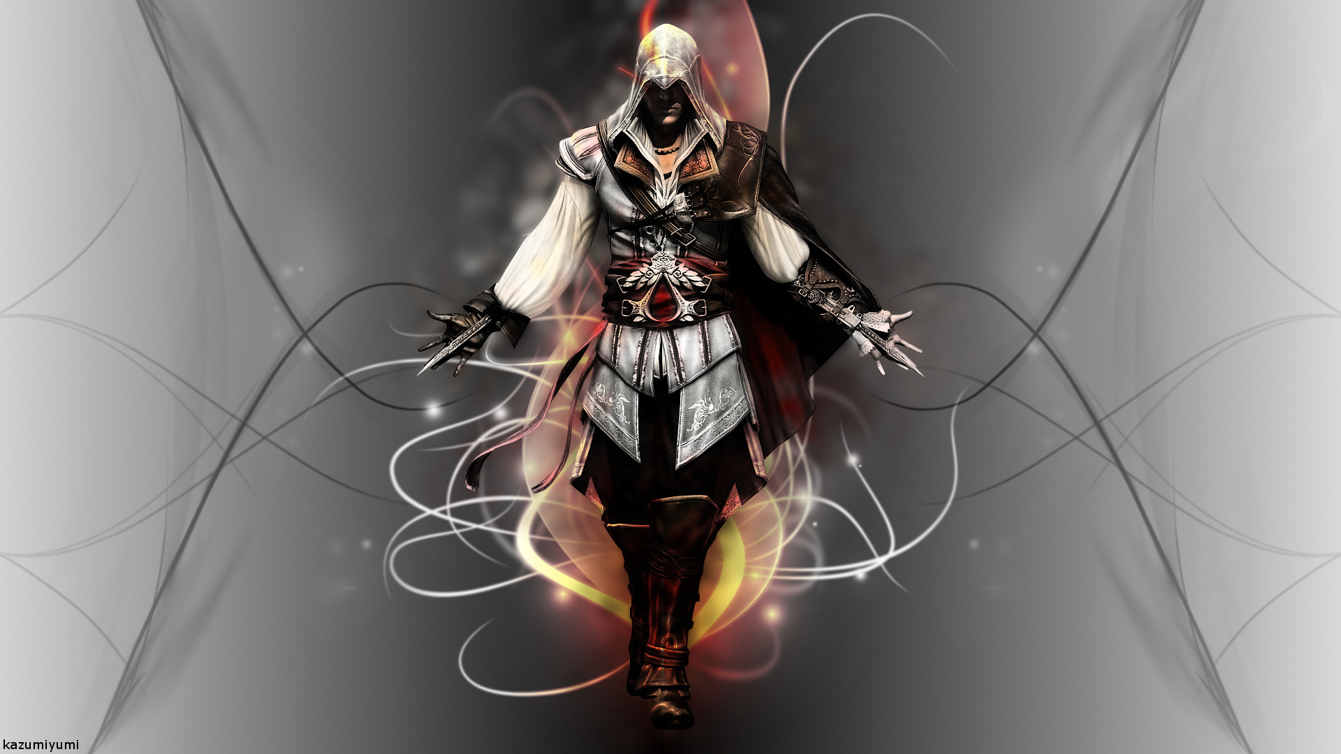 Ezio Auditore da Firenze, Assassin's Creed II robes, Glowing abstract line art, Full HD Desktop wallpaper