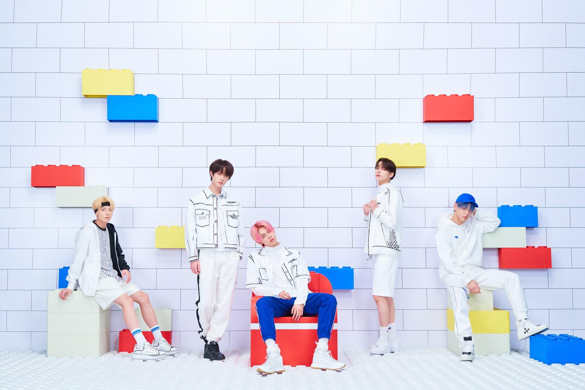 Tomorrow X Together group, Minisode1: Blue Hour concept, Giant colorful Lego bricks, White tiled studio wall, HD Desktop wallpaper