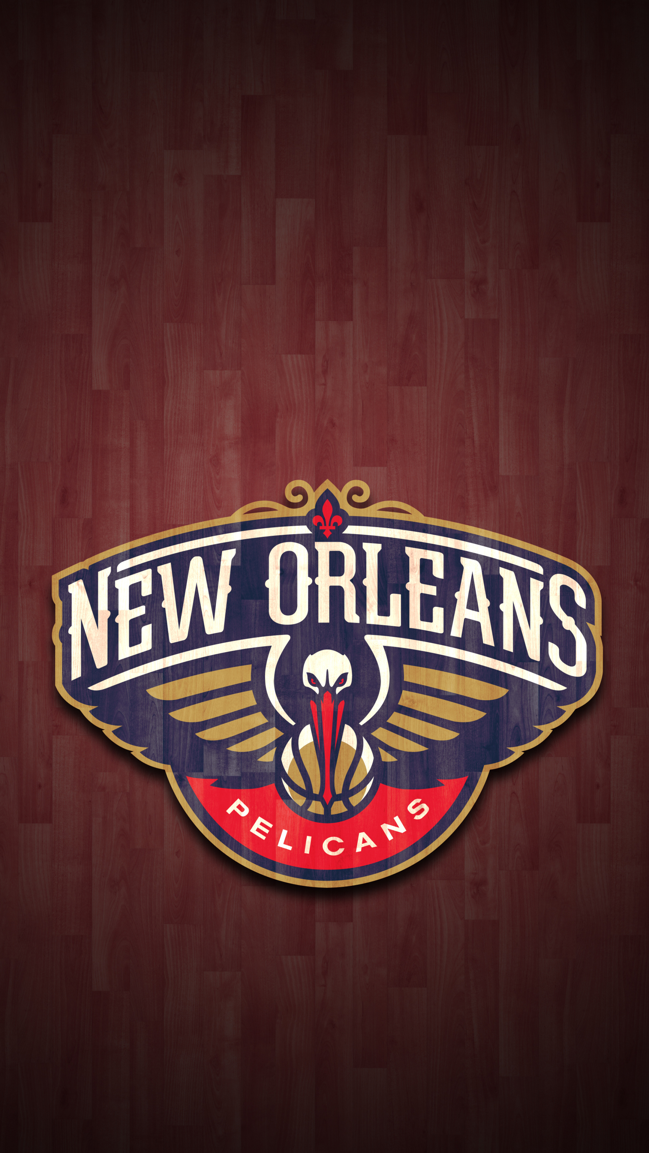 New Orleans Pelicans crest logo, Winged pelican over basketball, Red hardwood court backdrop, 4K Phone wallpaper