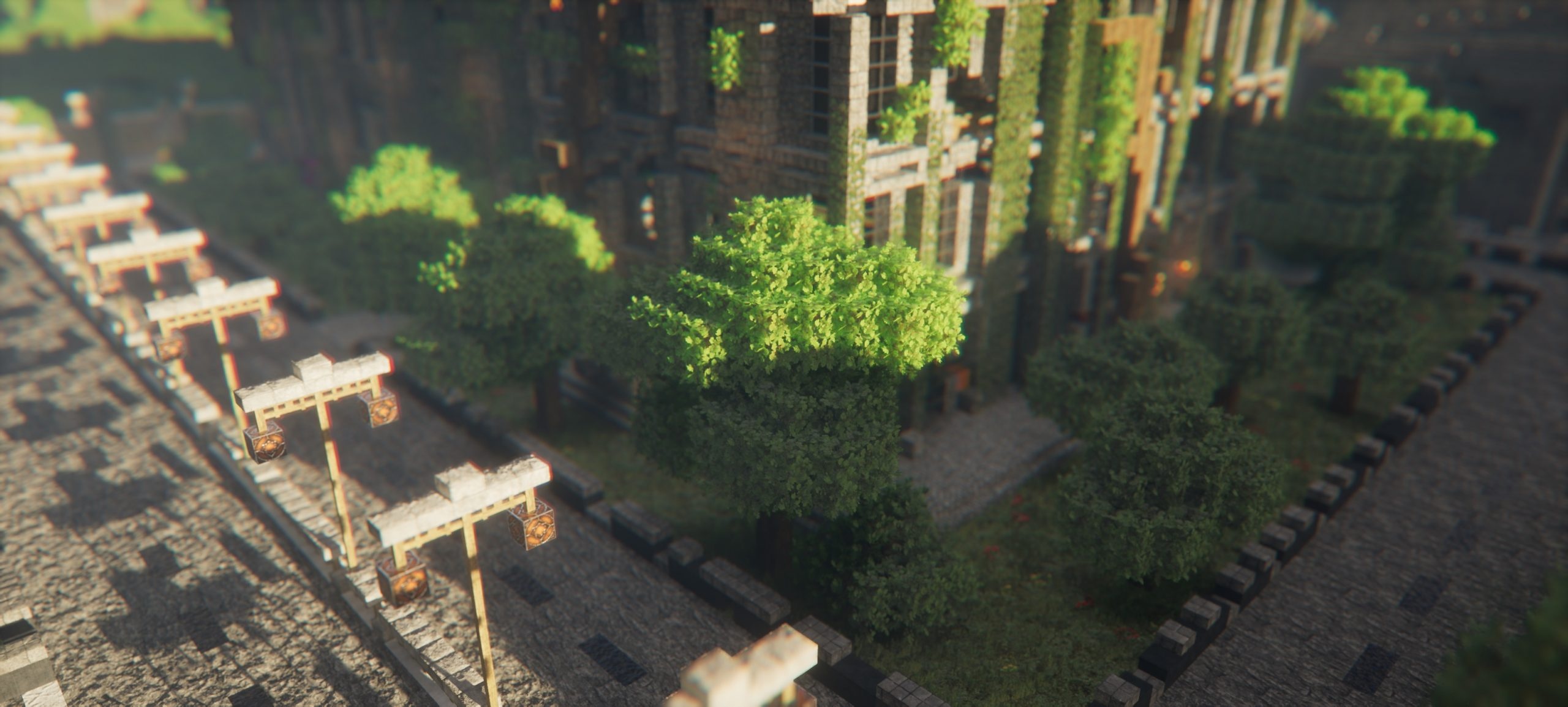Minecraft urban build, Minecraft street lamp posts, Overgrown stone street, Dual Screen Desktop wallpaper