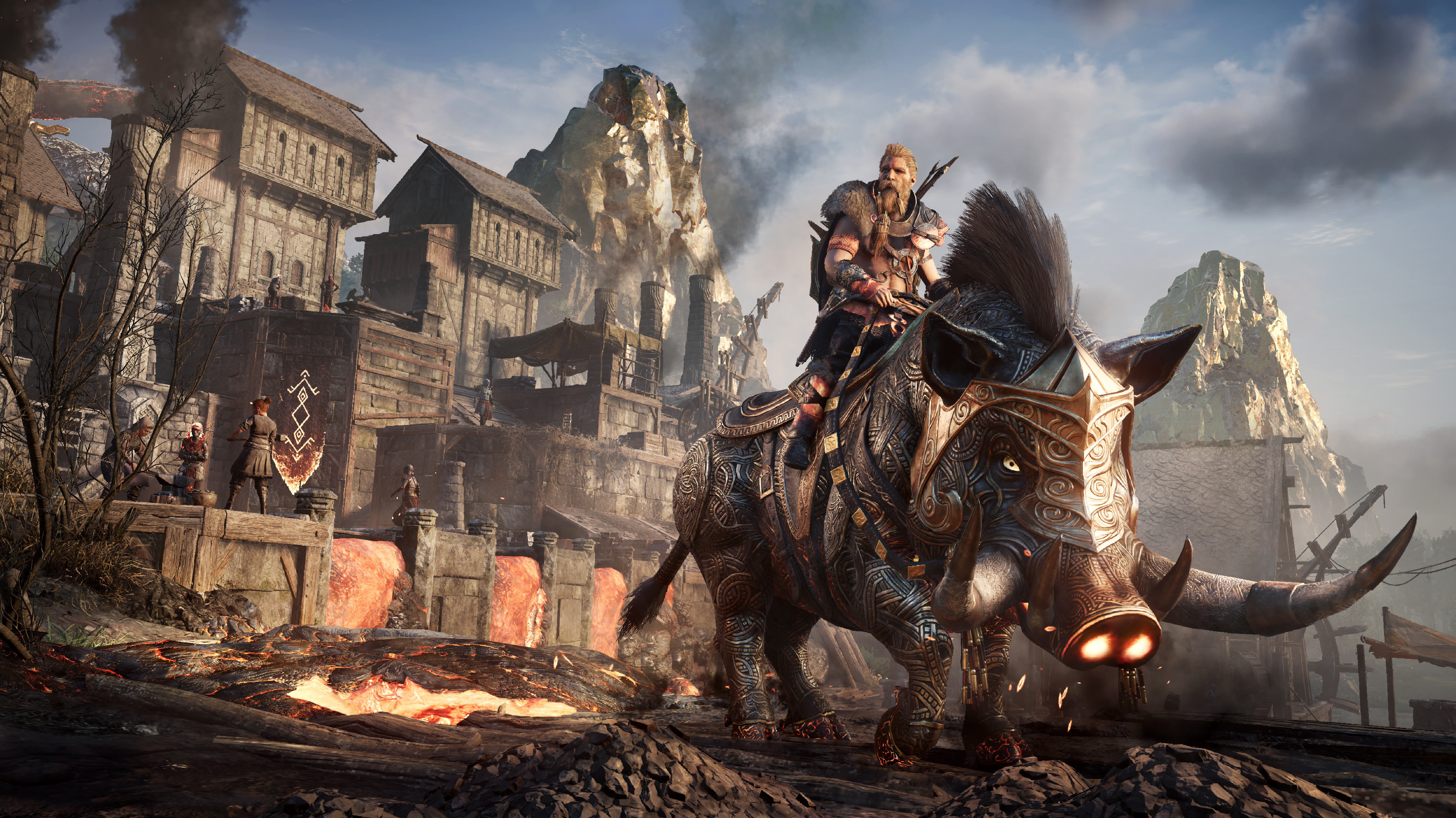 Havi riding Gullinbursti mount, Dawn of Ragnarök Svartalfheim settlement, Molten lava riverbed, 4K Desktop wallpaper