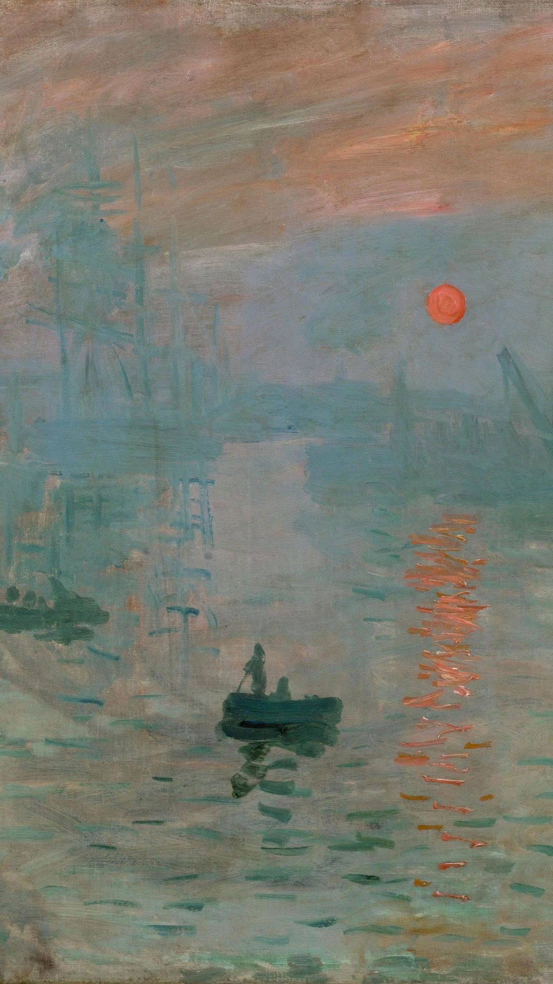 Impression Sunrise painting, silhouetted rowboat, orange sun reflection, Full HD Phone wallpaper
