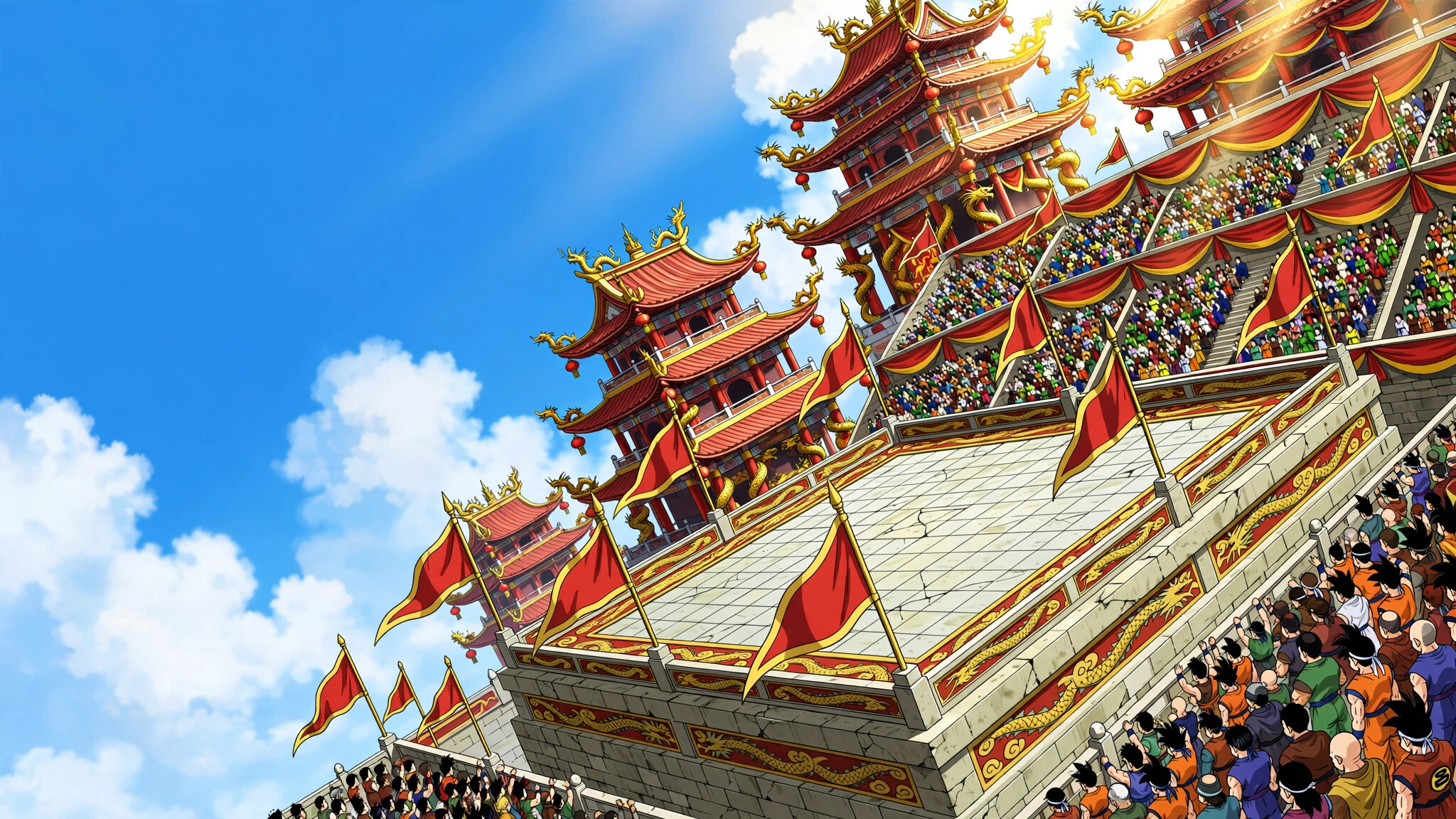 World Martial Arts Tournament, Stone ring, Pagoda roofs, Pennant flags, Packed stands, Dragon Ball, HD Desktop wallpaper
