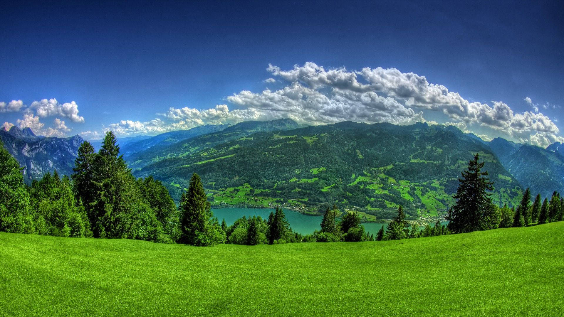 green alpine meadow, turquoise mountain lake, Alpine mountain range, Full HD Desktop wallpaper